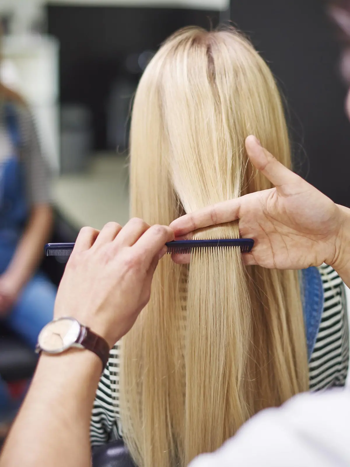 Rear view of hairdresser combing woman s hair model released Symbolfoto property released PUBLICATIONxINxGERxSUIxAUTxHUNxONLY ABIF00348  