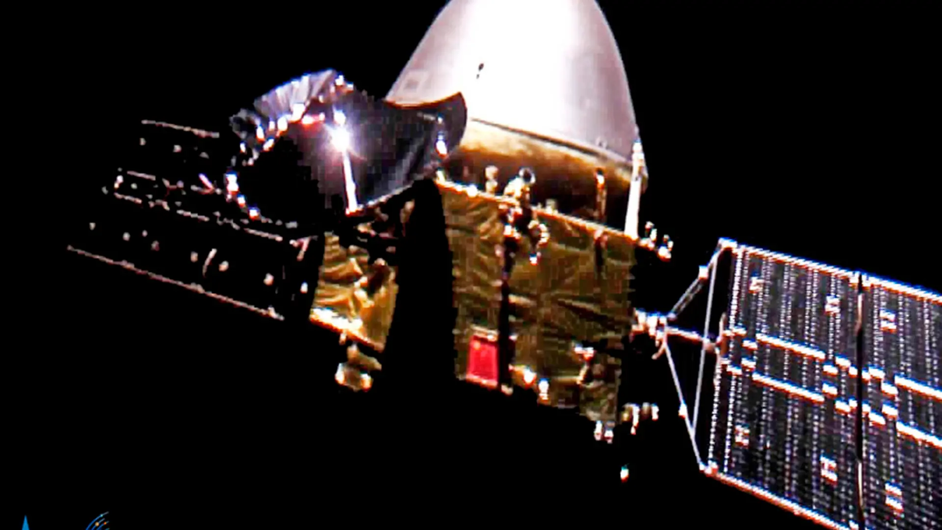 HANDOUT - 17.12.2020, ---: Dieses von der chinesischen Weltraumbehörde CNSA am 16.12.2020 zur Verfügung gestellte Bild zeigt die Sonde «Tianwen 1» auf dem Weg zum Mars. Mehr als ein halbes Jahr nach ihrem Start soll die chinesische Sonde «Tianwen 1» an diesem Mittwoch in eine Umlaufbahn um den Mars einschwenken. (zu dpa «Chinesische Raumsonde soll in Umlaufbahn um Mars einschwenken») Foto: CNSA/dpa - ACHTUNG: Nur zur redaktionellen Verwendung und nur mit vollständiger Nennung des vorstehenden Credits +++ dpa-Bildfunk +++