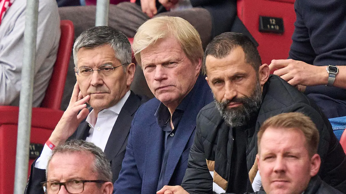 Herbert HAINER, FCB president and Ex CEO Adidas Oliver KAHN, FCB CEO, Vorstandsvorsitzender der FC Bayern München AG, Hasan Brazzo Salihamidzic, FCB director in the match FSV MAINZ 05 - FC BAYERN MUENCHEN 1.German Football League on Apr 22, 2023 in Mainz, Germany. Season 2022/2023, matchday 29, 1.Bundesliga, FCB, MZ, München, 29.Spieltag.