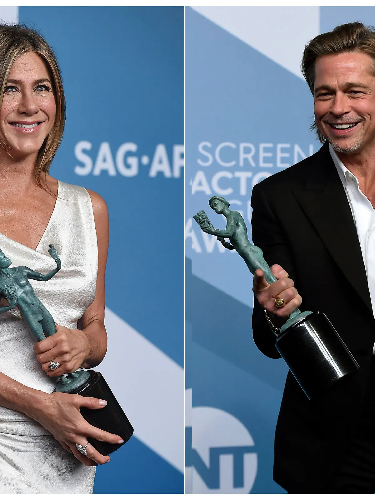 20.01.2020, USA, Los Angeles: KOMBO - Jennifer Aniston (l), Schauspielerin aus den USA, hält ihre Auszeichnung für herausragende Leistungen  in der Dramaserie "The Morning Show", und Brad Pitt, Schauspieler aus den USA, mit seiner Auszeichnung für herausragende Leistungen in der Nebenrolle für "Es war einmal in Hollywood" bei der 26. Verleihung der Screen Actors Guild Awards im Shrine Auditorium & Expo Hall. Foto: Jordan Strauss/Invision/AP/dpa +++ dpa-Bildfunk +++