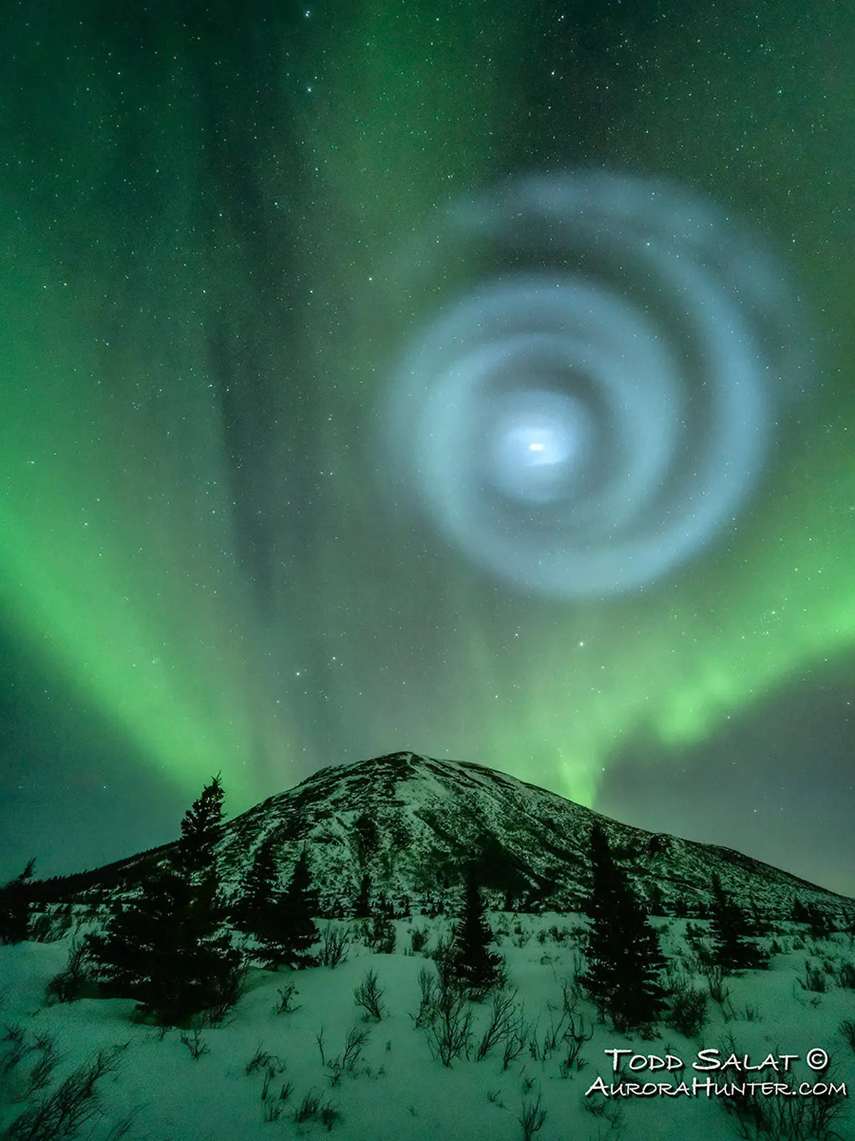 In this photo provided by Todd Salat, northern light enthusiasts got a surprise early April 15, 2023, when something odd was mixed in with the green bands of light dancing above the Donnelly Dome near Delta Junction, Alaska. A light baby blue spiral resembling a galaxy appeared amid the aurora for a few minutes. The spiral was formed when excess fuel that had been released from a SpaceX rocket that launched from California about three hours earlier turned to ice, and then the water vapor reflected the sunlight in the upper atmosphere. (Todd Salat via AP)