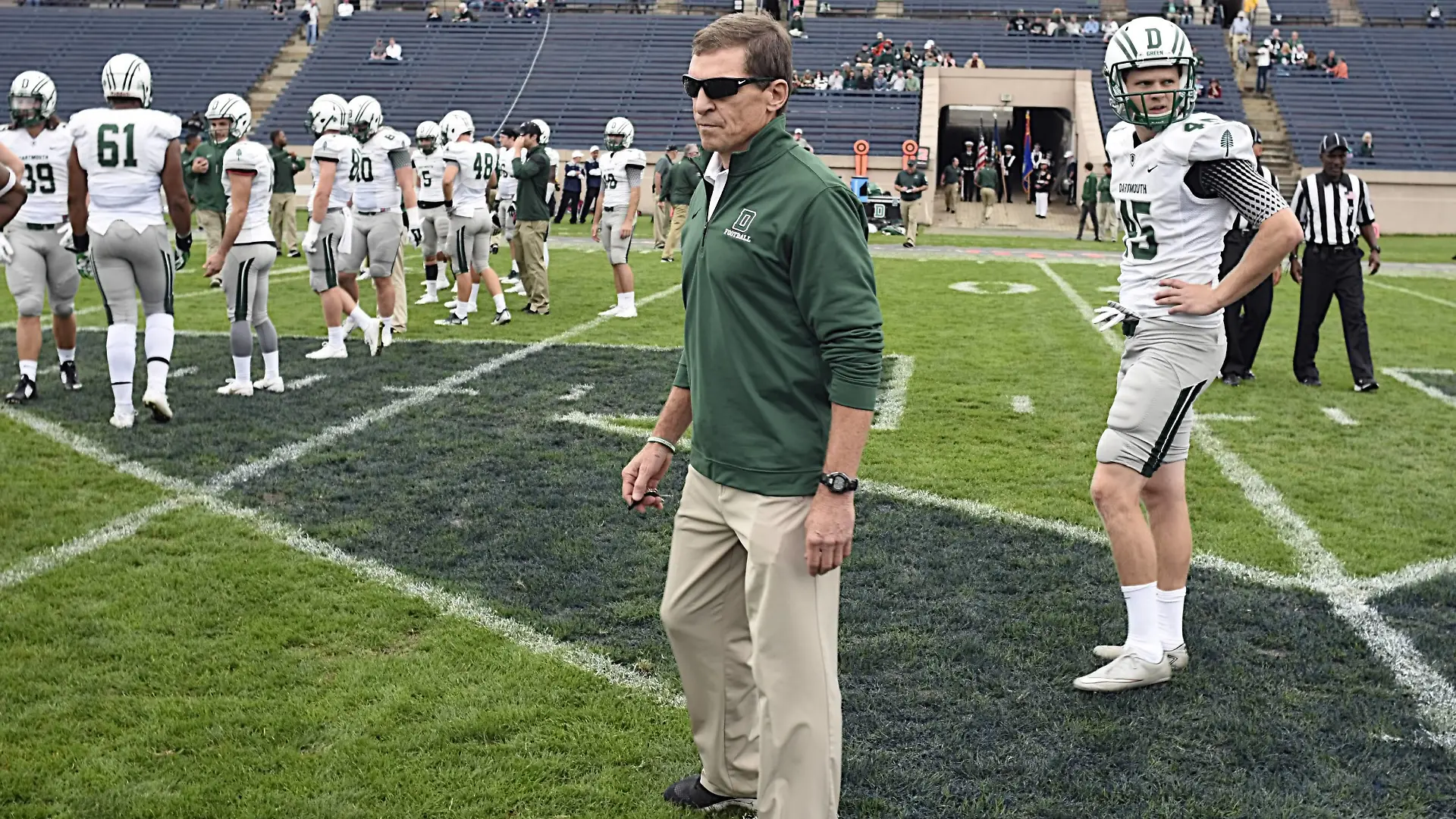 October 8, 2016: Dartmouth Head Coach, Buddy Teevens watches his team warmup during the NCAA College League USA football game between the Dartmouth Big Green and Yale Bulldogs at the Yale Bowl in New Haven Connecticut. Yale won the game 21 to 13. /CSM NCAA Football 2016: Dartmouth vs Yale OCT 8  - ZUMAc04_
