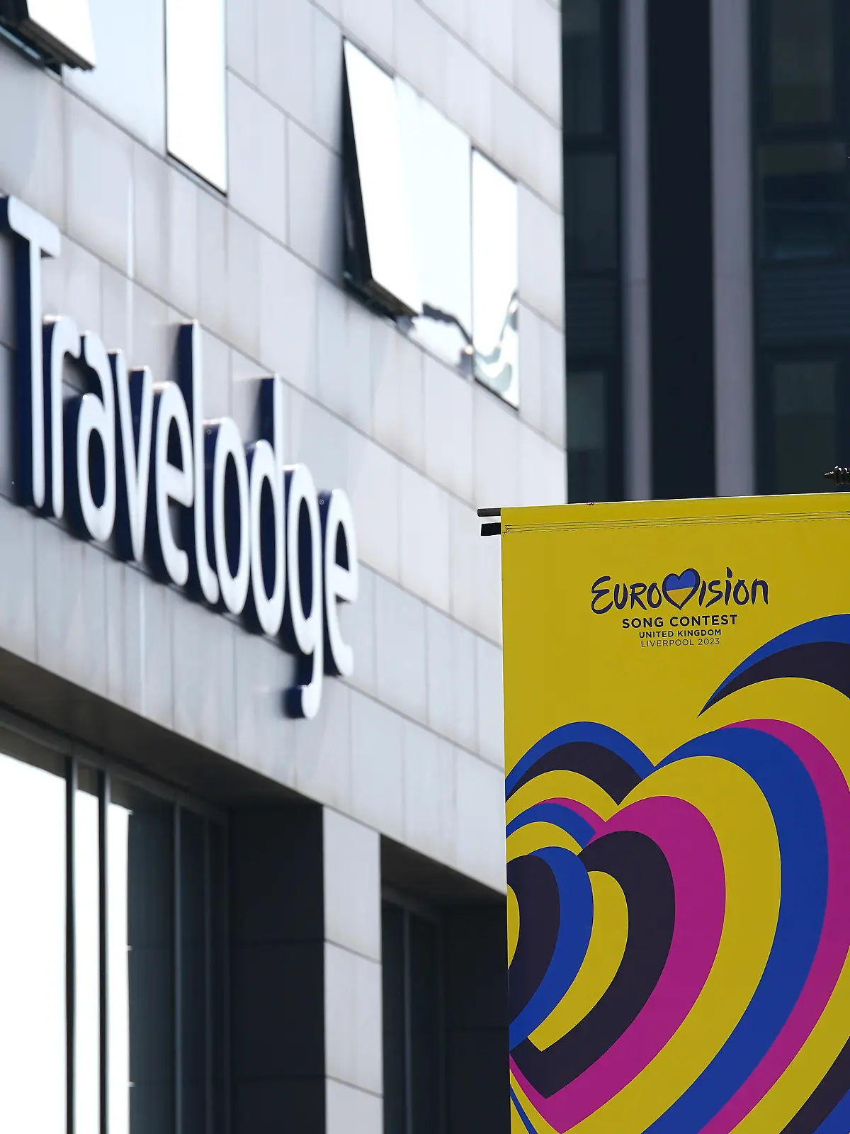 Eurovision 2023. Signage promoting the Eurovision Song Contest outside a Travelodge hotel in Liverpool, Merseyside. Picture date: Tuesday April 18, 2023. Photo credit should read: Peter Byrne/PA Wire URN:71798576