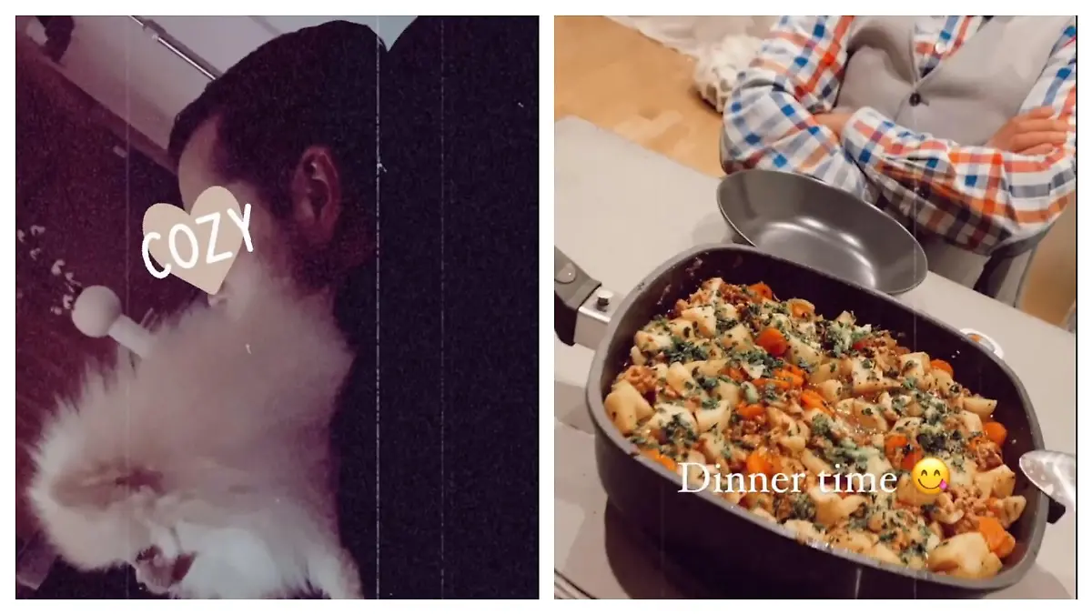 Janine Pinks neuer Freund: Gemütlich mit Hund auf der Couch und beim Abendessen.