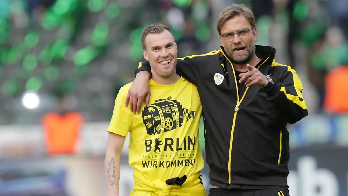  Fußball, DFB-Pokalfinale 2014/2015, Borussia Dortmund - VfL Wolfsburg DFB-Pokal Finale 2014/15: Borussia Dortmund - VfL Wolfsburg im Olympiastadion Berlin am 30.05.2015 , xmdx, Kevin GROSSKREUTZ / GROßKREUTZ 19, Borussia Dortmund mit Juergen KLOPP Trainer, Borussia Dortmund gut gelaunt DFB Pokalfinale