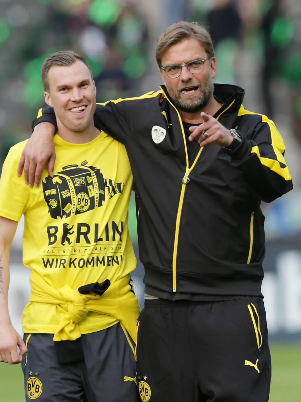  Fußball, DFB-Pokalfinale 2014/2015, Borussia Dortmund - VfL Wolfsburg DFB-Pokal Finale 2014/15: Borussia Dortmund - VfL Wolfsburg im Olympiastadion Berlin am 30.05.2015 , xmdx, Kevin GROSSKREUTZ / GROßKREUTZ 19, Borussia Dortmund mit Juergen KLOPP Trainer, Borussia Dortmund gut gelaunt DFB Pokalfinale