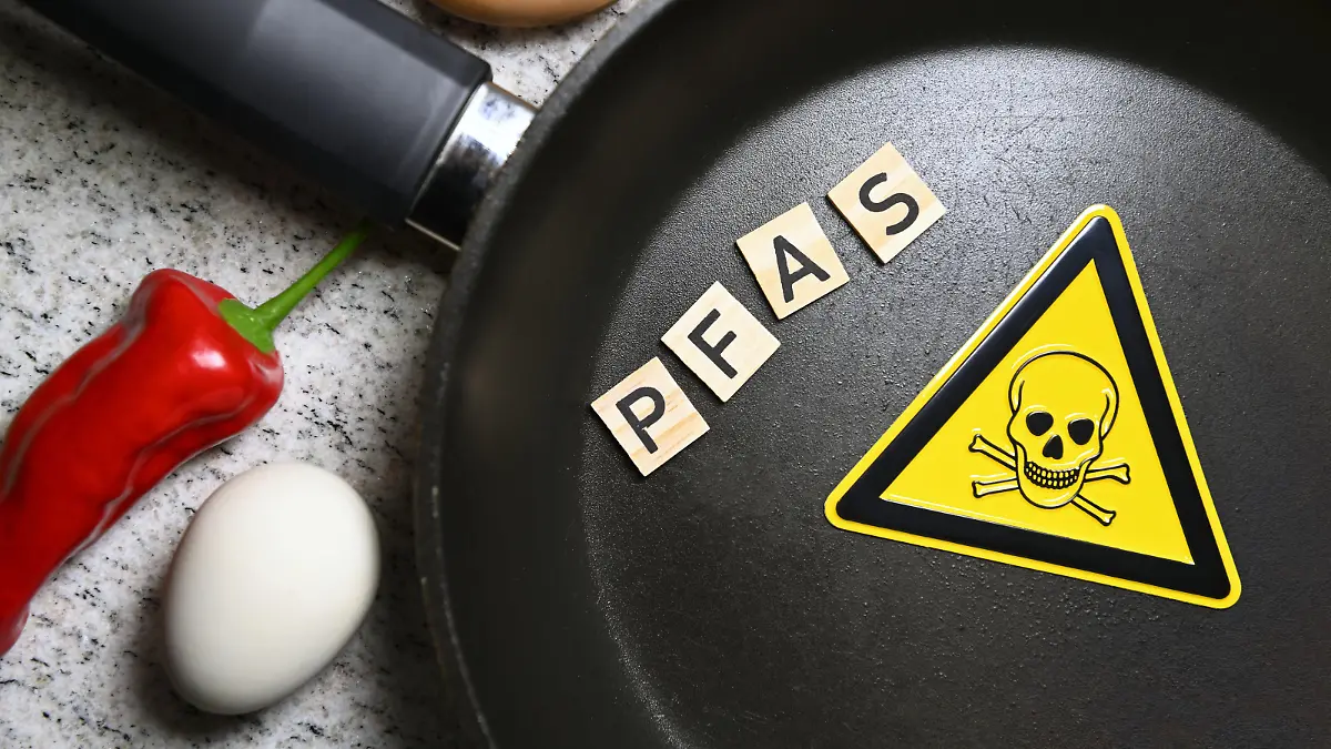 Gefahrenschild mit Totenkopf in Bratpfanne und Schriftzug PFAS / action press