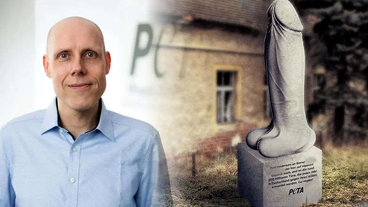 Daniel Cox von der Tierschutzorganisation Peta und das Mahnmal in Rotenburg.