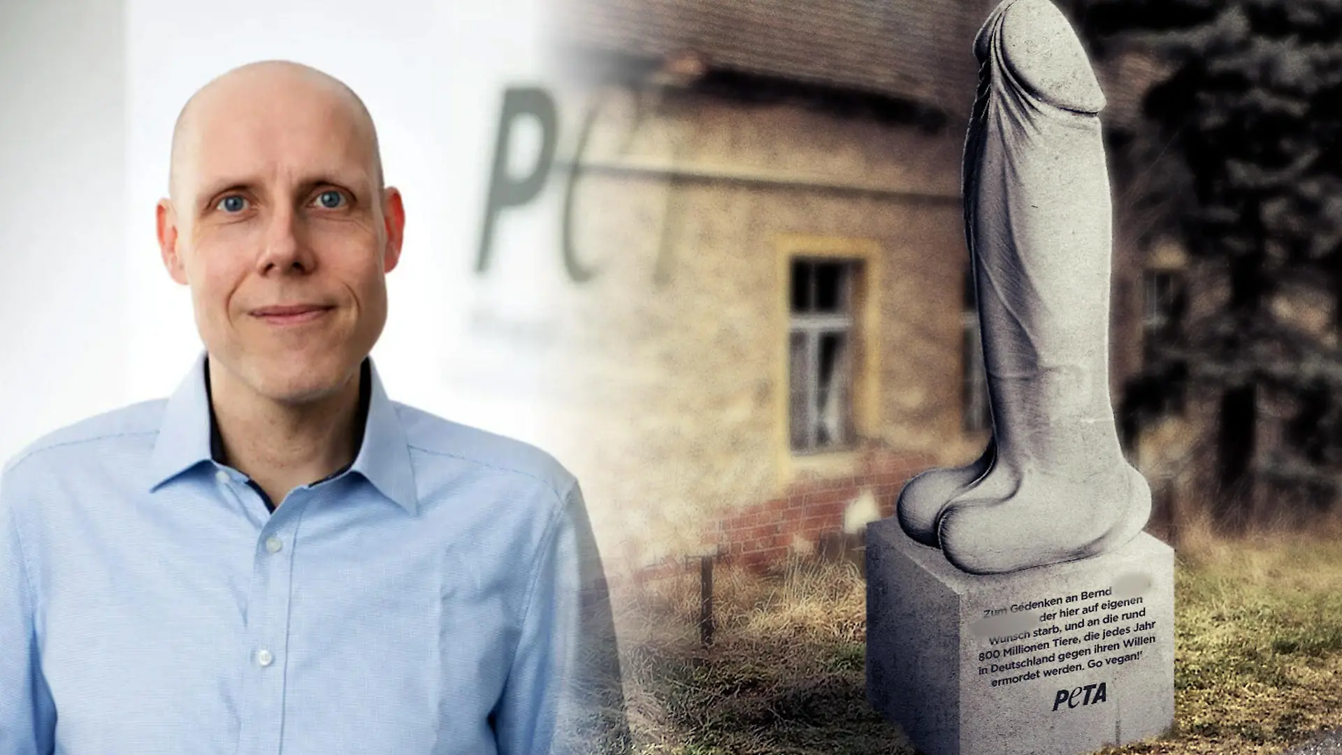 Daniel Cox von der Tierschutzorganisation Peta und das Mahnmal in Rotenburg.