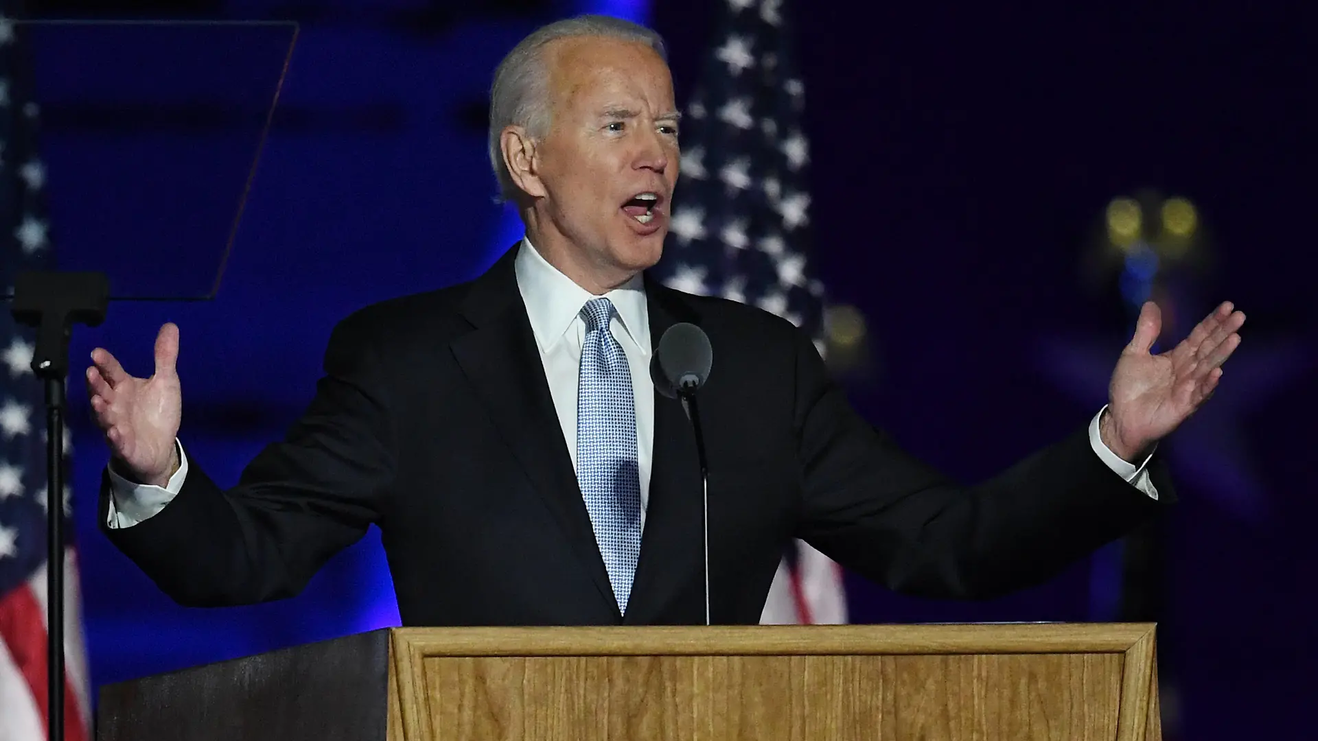 President-elect Joe Biden delivers his victory speech after defeating Republican President Donald Trump in the 2020 presidential election, in Wilmington, Delaware on Saturday, November 7, 2020. After four additional days of vote counting, Biden pulled ahead, winning several swing states by a narrow margin. PUBLICATIONxINxGERxSUIxAUTxHUNxONLY WIL20201107520 PATxBENIC