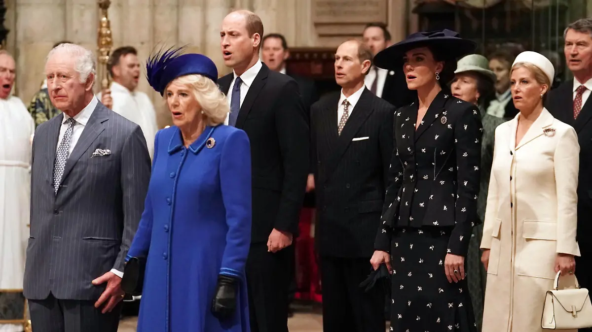 Commonwealth day 2023. (Left to right) King Charles III, the Queen Consort, the Prince of Wales, the Duke of Edinburgh, the Princess of Wales, the Princess Royal, the Duchess of Edinburgh and Vice Admiral Sir Tim Laurence attend the annual Commonwealth Day Service at Westminster Abbey in London. Picture date: Monday March 13, 2023. See PA story ROYAL Commonwealth. Photo credit should read: Jordan Pettitt/PA Wire URN:71365522
