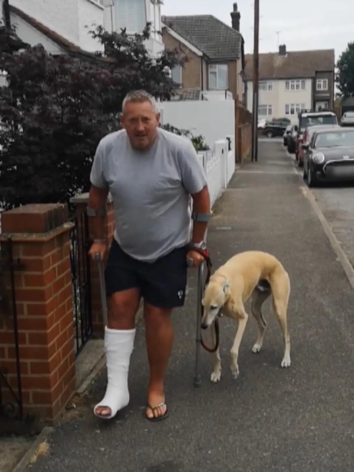 Im Video zeigen wir die rührende Szene zwischen Russell Jones und seinem Hund Bill. Sein Hund ist kerngesund, doch humpelt er aus reiner Nächstenliebe zu ihm mit.
