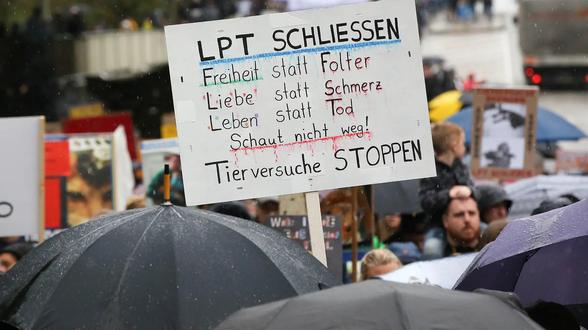 ARCHIV - 19.10.2019, Hamburg: Mit Schildern und Transparenten auf denen u.a. der Schriftzug "LPT Schliessen, Tierversuche stoppen" zu sehen ist, demonstrieren Teilnehmer in Hamburg-Neugraben gegen Tierversuche. Einen Monat nach Schließung des umstrittenen LPT-Tierversuchslabors im niedersächsischen Mienenbüttel muss auch das Labor der Firma am Hamburger Hauptsitz in Neugraben dichtmachen. (zu dpa "Behörde schließt auch Hamburger LPT-Tierversuchslabor") Foto: Bodo Marks/dpa +++ dpa-Bildfunk +++