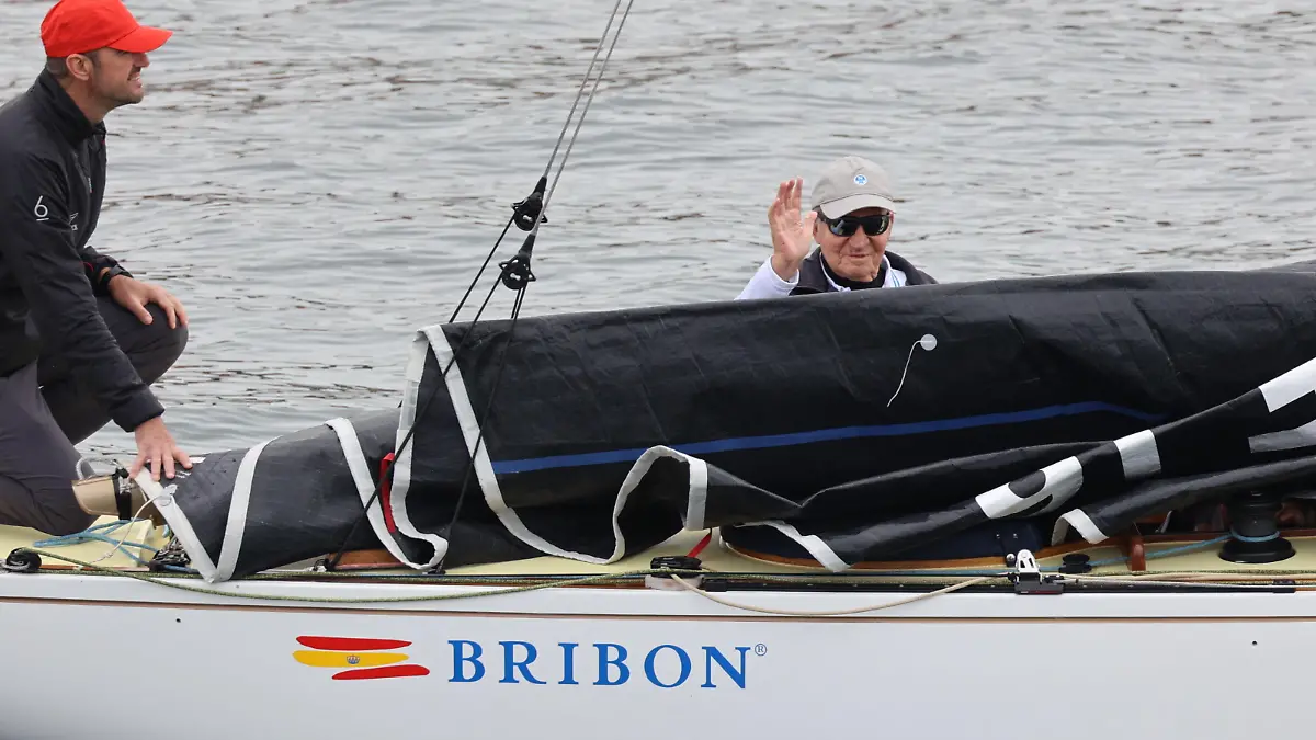 The King emeritus Juan Carlos I embarks to start the first day of the regatta in Sansenxo, on April 20, 2023, in Sanxenxo, Pontevedra, Galicia (Spain). Juan Carlos I arrived today at the marina of Sanxenxo (Pontevedra) to sail aboard the BribÃ³n, the boat with which he is expected to participate this weekend in the Copa del Rey de Vela, held in the municipality of Pontevedra. The king emeritus landed yesterday, April 19, in Vigo almost a year after his last visit to Spain in May 2022. Photo by Raul Terrel/Europa Press/ABACAPRESS.COM