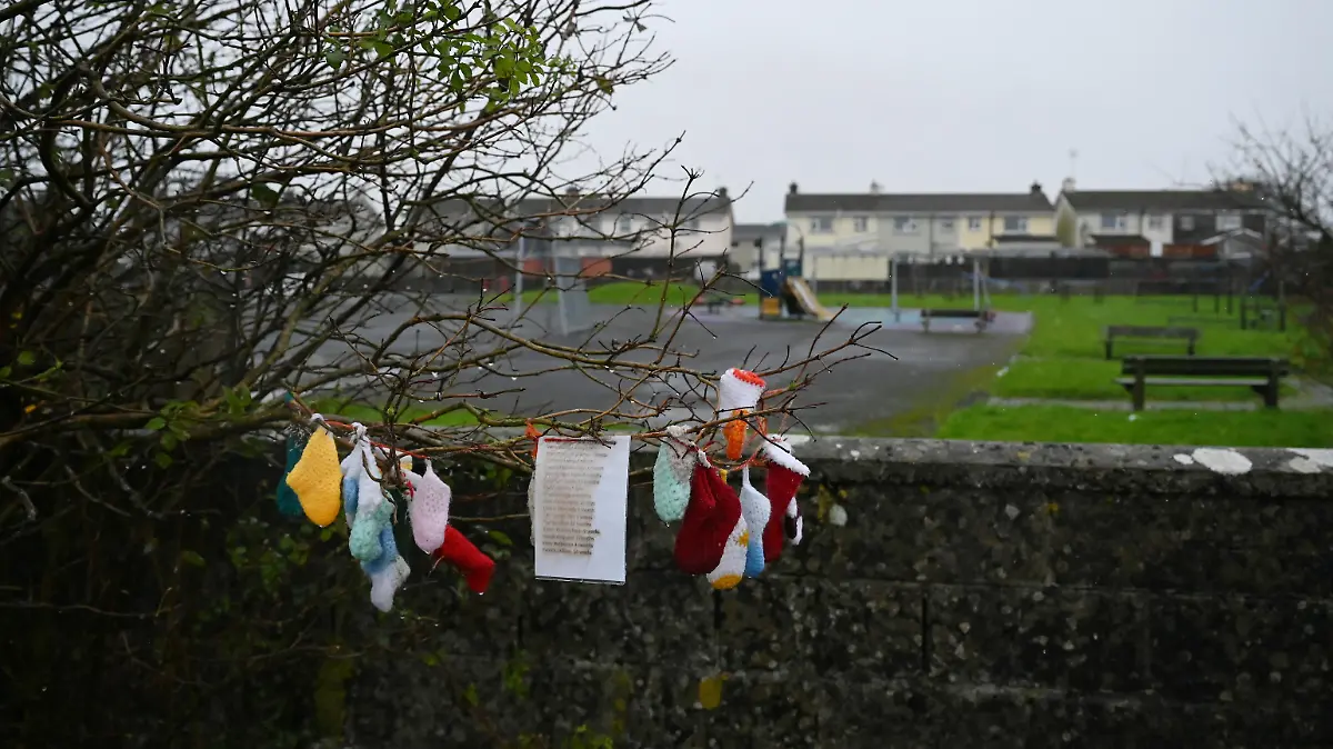 Baby socks hang from a tree at the Tuam graveyard, where the bodies of 796 babies were uncovered at the site of a former Catholic home for unmarried mothers and their children on the day a government-ordered inquiry into former Church-run homes for unmarried mothers is formally published, in Tuam, Ireland, January 12, 2021. REUTERS/Clodagh Kilcoyne