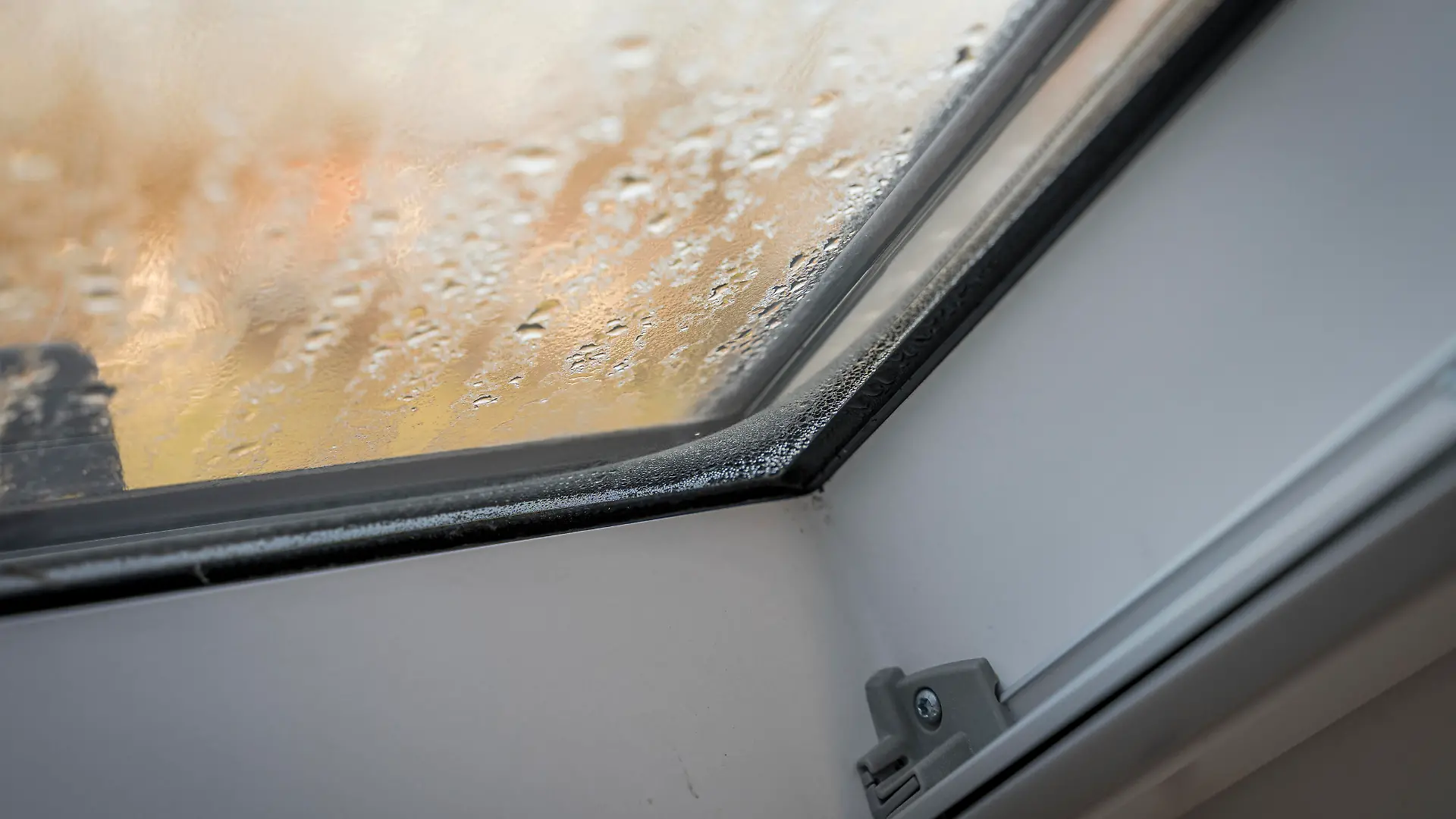 Beschlagenes Dachfenster am Morgen. Wassertropfen aus Kondenswasser an einem Fenster