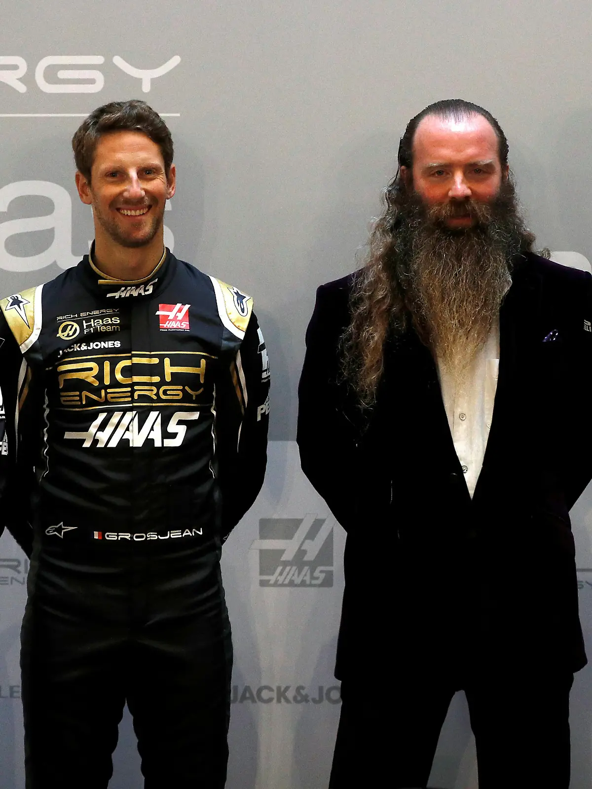 FILE PHOTO: Formula One F1 - Haas Formula One Team Livery Launch - Royal Automobile Club, London, Britain - February 7, 2019   Haas' Kevin Magnussen, Romain Grosjean, Rich Energy CEO William Storey and Haas Team Principal Guenther Steiner during the launch   REUTERS/John Sibley/File Photo
