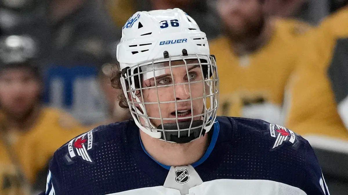 Winnipeg Jets center Morgan Barron (36) plays with a bandage against the Vegas Golden Knights during the second period of Game 1 of an NHL hockey Stanley Cup first-round playoff series Tuesday, April 18, 2023, in Las Vegas. (AP Photo/John Locher)
