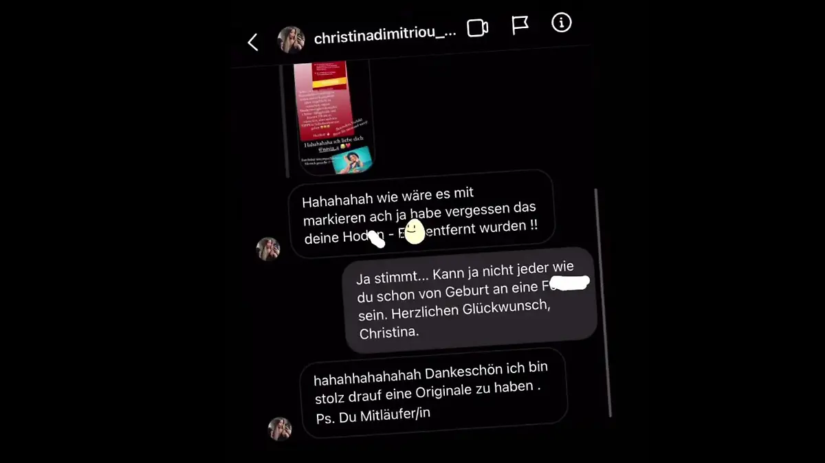 Josiemelonie teilt den Screenshot eines Chatverlaufes mit Christina Dimitriou