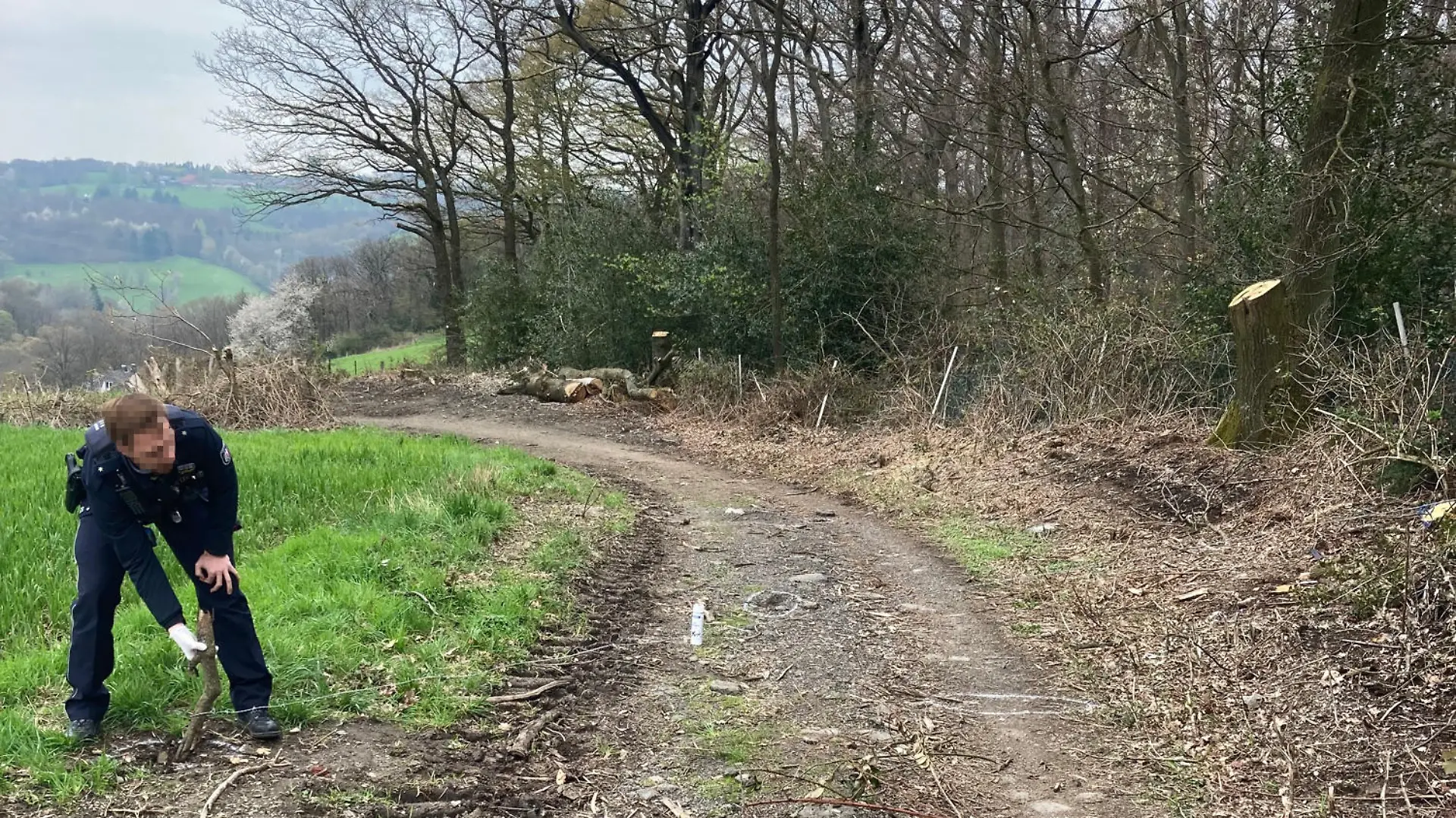 Der Draht war an der linken Seite an einem in die Erde eingegrabenen Holzscheit befestigt. Auf der rechten Seite war der Draht an einem Zaun befestigt.