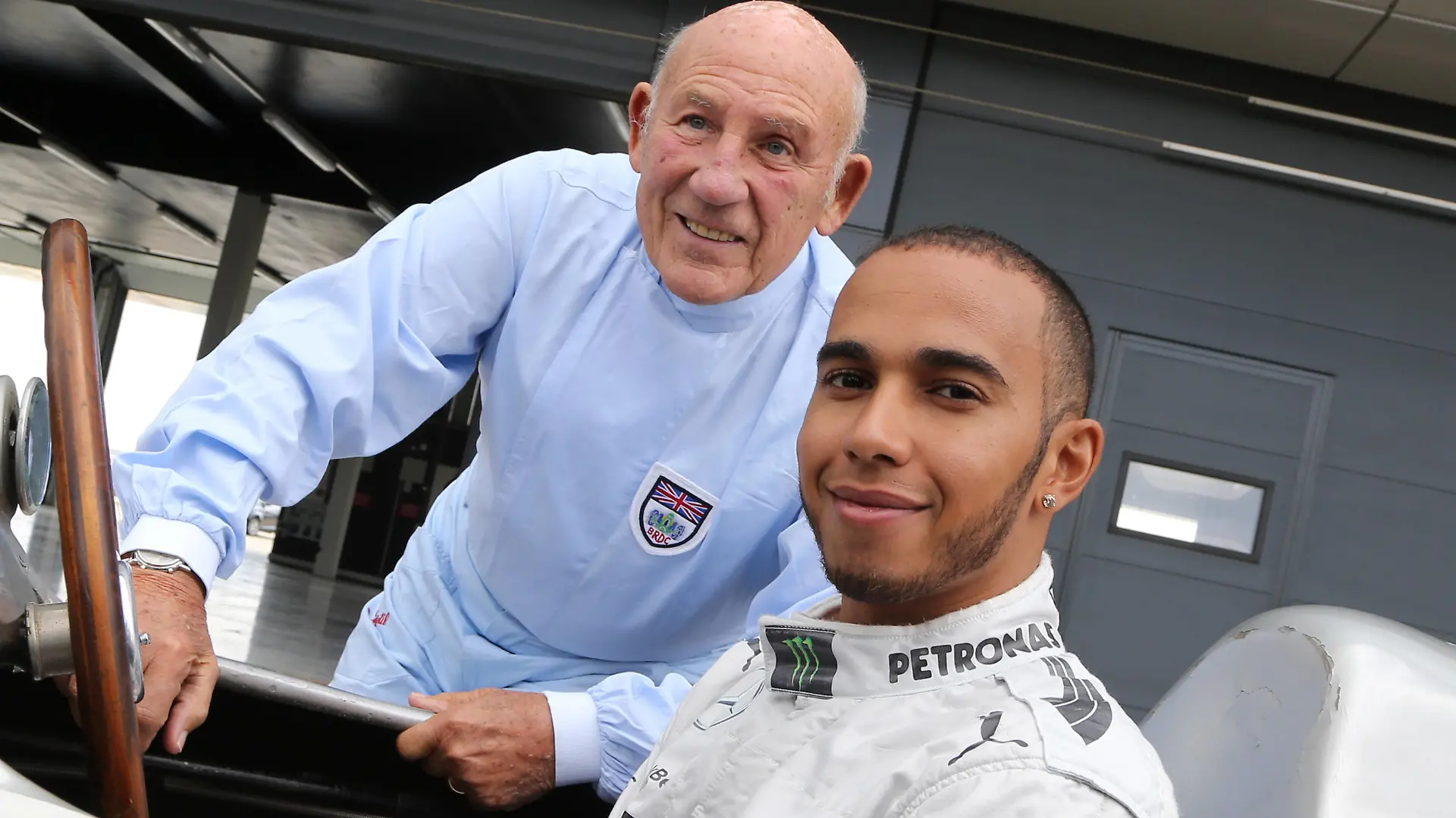 British GP preview with Lewis Hamilton and Sir Stirling Moss, Silverstone, England, 31 May 2013. R to L: Sir Stirling Moss GBR and Lewis Hamilton GBR Mercedes AMG F1 with the double F1 Grand Prix winning Mercedes-Benz W196 at a press event to publicise the 2013 British Grand Prix. British GP preview with Lewis Hamilton and Sir Stirling Moss, Silverstone, England, 31 May 2013. PUBLICATIONxINxGERxSUIxAUTxHUNxONLY dne1331my118