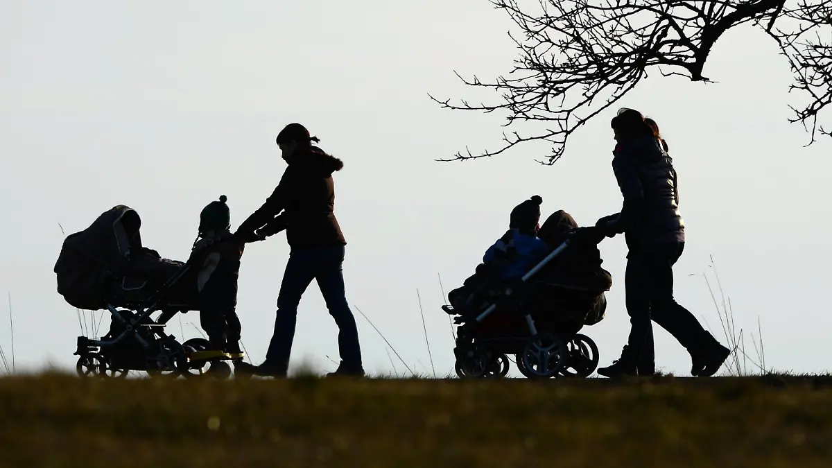 ARCHIV - 25.02.2014, Baden-Württemberg, Oberhomberg: Zwei Frauen schieben ihre Kinderwagen eine Landstraße entlang. (zu dpa "AfD will junge Frauen mit Geld zum Kinderkriegen motivieren") Foto: picture alliance / Felix Kästle/dpa +++ dpa-Bildfunk +++