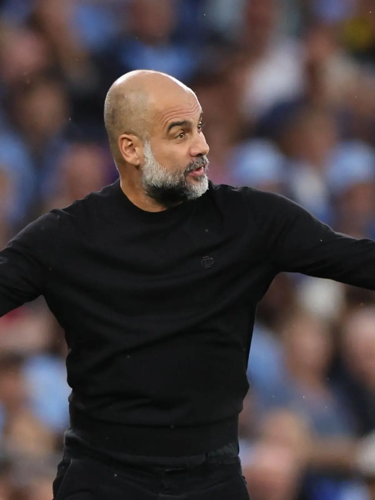 Mandatory Credit: Photo by Ryan Browne/Shutterstock 14056666t Manchester City manager Pep Guardiola. Manchester City v Newcastle United, Premier League, Football, Etihad Stadium, Manchester, UK - 19 Aug 2023 EDITORIAL USE ONLY No use with unauthorised audio, video, data, fixture lists, club/league logos or live services. Online in-match use limited to 120 images, no video emulation. No use in betting, games or single club/league/player publications. Manchester City v Newcastle United, Premier League, Football, Etihad Stadium, Manchester, UK - 19 Aug 2023 EDITORIAL USE ONLY No use with unauthorised audio, video, data, fixture lists, club/league logos or live services. Online in-match use limited to 120 images, no video emulation. No use in betting, games or single club/league/player publications. PUBLICATIONxINxGERxSUIxAUTxHUNxGRExMLTxCYPxROUxBULxUAExKSAxONLY Copyright: xRyanxBrowne/Shutterstockx 14056666t