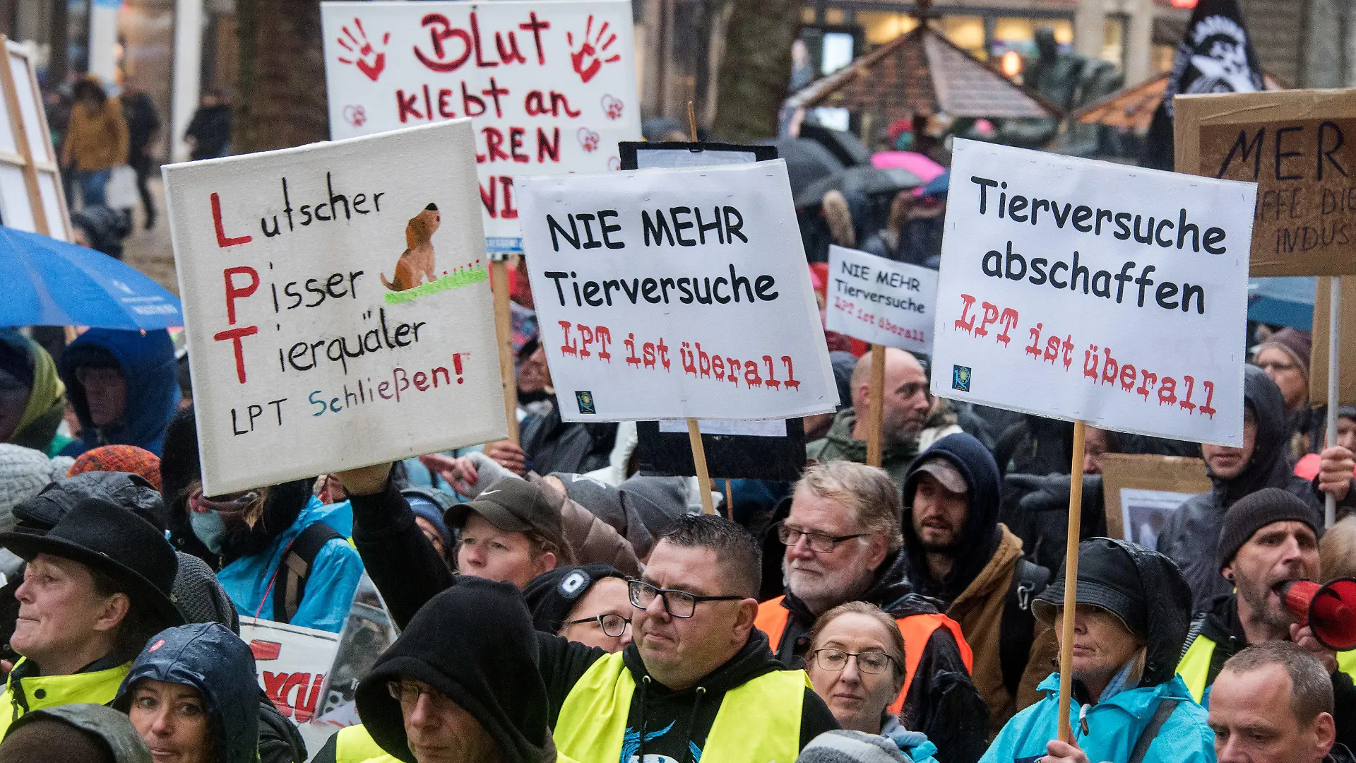 16.11.2019, Hamburg: Teilnehmer einer Demonstration gegen Tierversuche ziehen in Hamburg durch die Innenstadt und halten Schilder mit der Aufschrift "Lutscher, Pisser, Tierquäler. LPT schließen" (l-r), "Nie mehr Tierversuche. LPT ist überall" und "Tierversuche abschaffen. LPT ist überall". Rund 13 000 Menschen haben nach Polizeiangaben in Hamburg für ein Ende von Tierversuchen und die Schließung von Tierlaboren demonstriert. (zu dpa "Tierschützer demonstrieren in Hamburg gegen umstrittenes Labor") Foto: Daniel Bockwoldt/dpa +++ dpa-Bildfunk +++