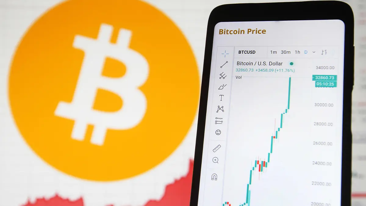 03.01.2021, Ukraine, ---: Auf dem Display eines Smartphones ist der Anstieg des Bitcoin-Kurses zu sehen - im Hintergrund das Logo der Digitalwährung auf einem Monitor. Die Digitalwährung Bitcoin setzt ihre Rekordjagd auch im neuen Jahr fort. Foto: Pavlo Gonchar/SOPA Images via ZUMA Wire/dpa +++ dpa-Bildfunk +++