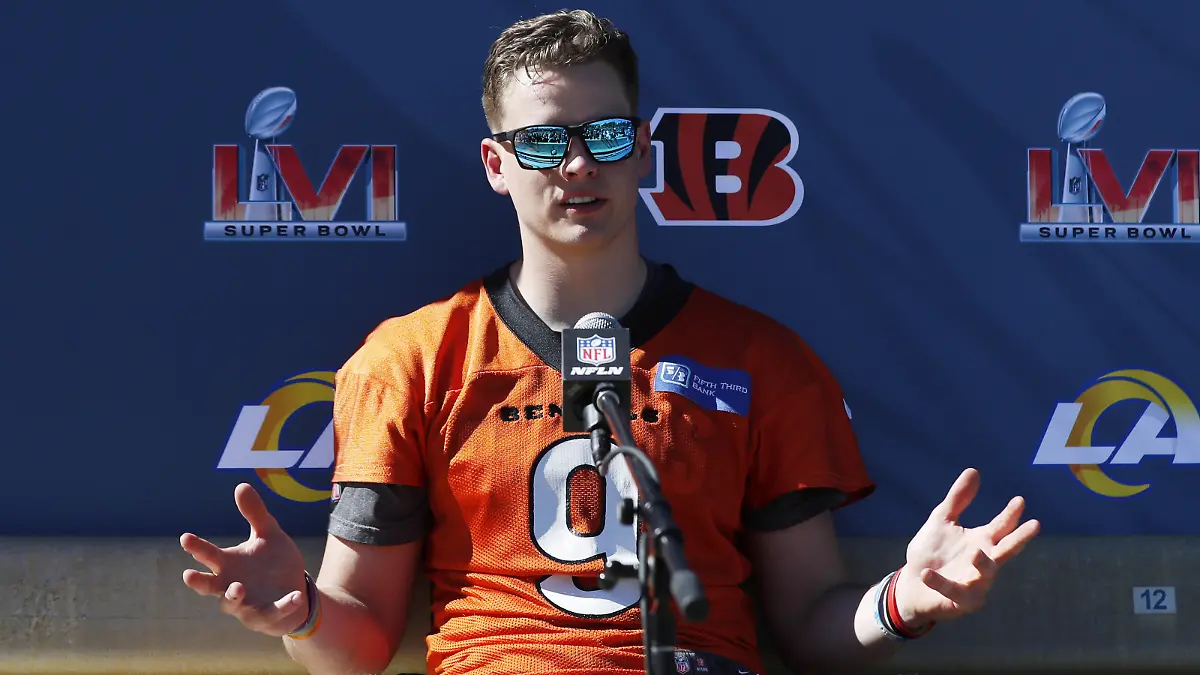 Cincinnati Bengals quarterback Joe Burrow speaks at a media availability before Super Bowl LVI at UCLA's Drake Stadium in Los Angeles on Friday, February 11, 2022. Photo by John Angelillo/UPI Photo via Newscom picture alliance