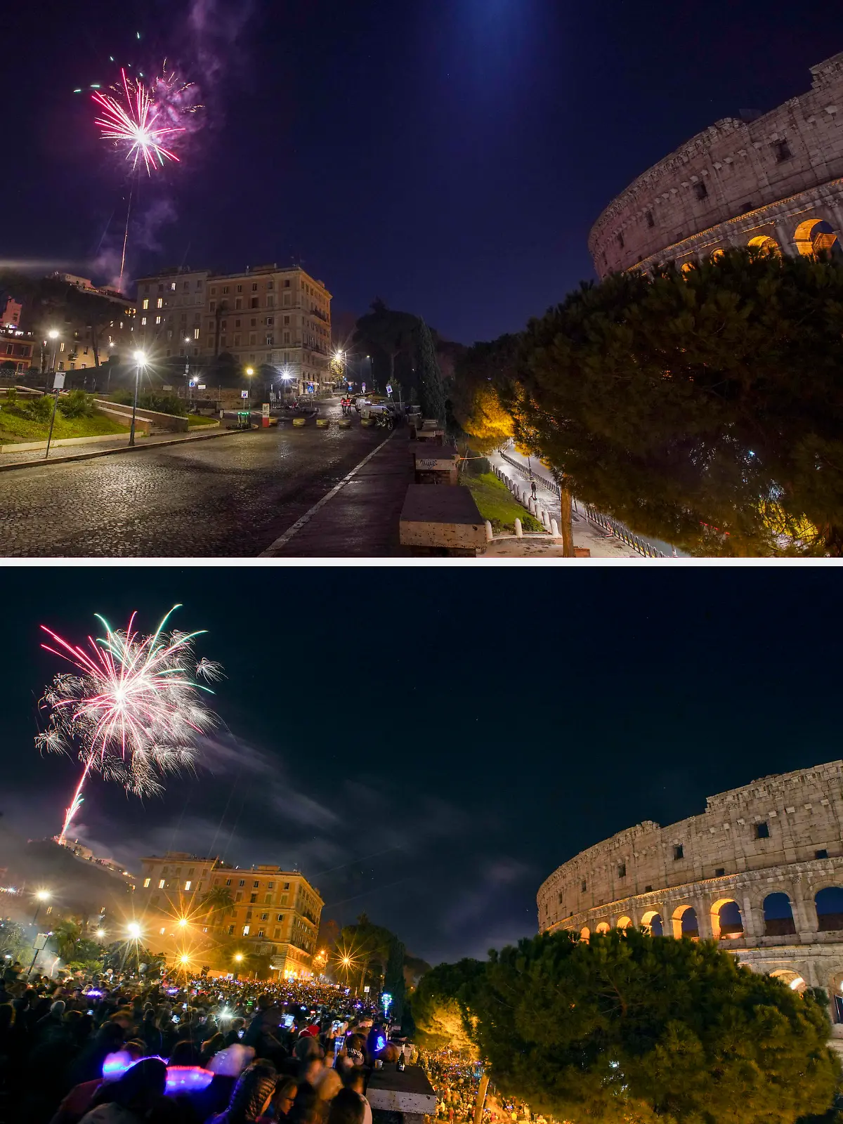 01.01.2019, Italien, Rom: KOMBO - Ein Feuerwerk explodiert in der Silvesternacht über dem Hügel Colle Oppio während der Platz vor dem Kolosseum aufgrund der Maßnahmen gegen die Verbreitung des Coronavirus menschenleer ist (oben, 01.01.2021). Am selben Ort versammelten sich am 01.01.2018 noch zahlreiche Menschen (unten). Foto: Andrew Medichini/AP/dpa +++ dpa-Bildfunk +++