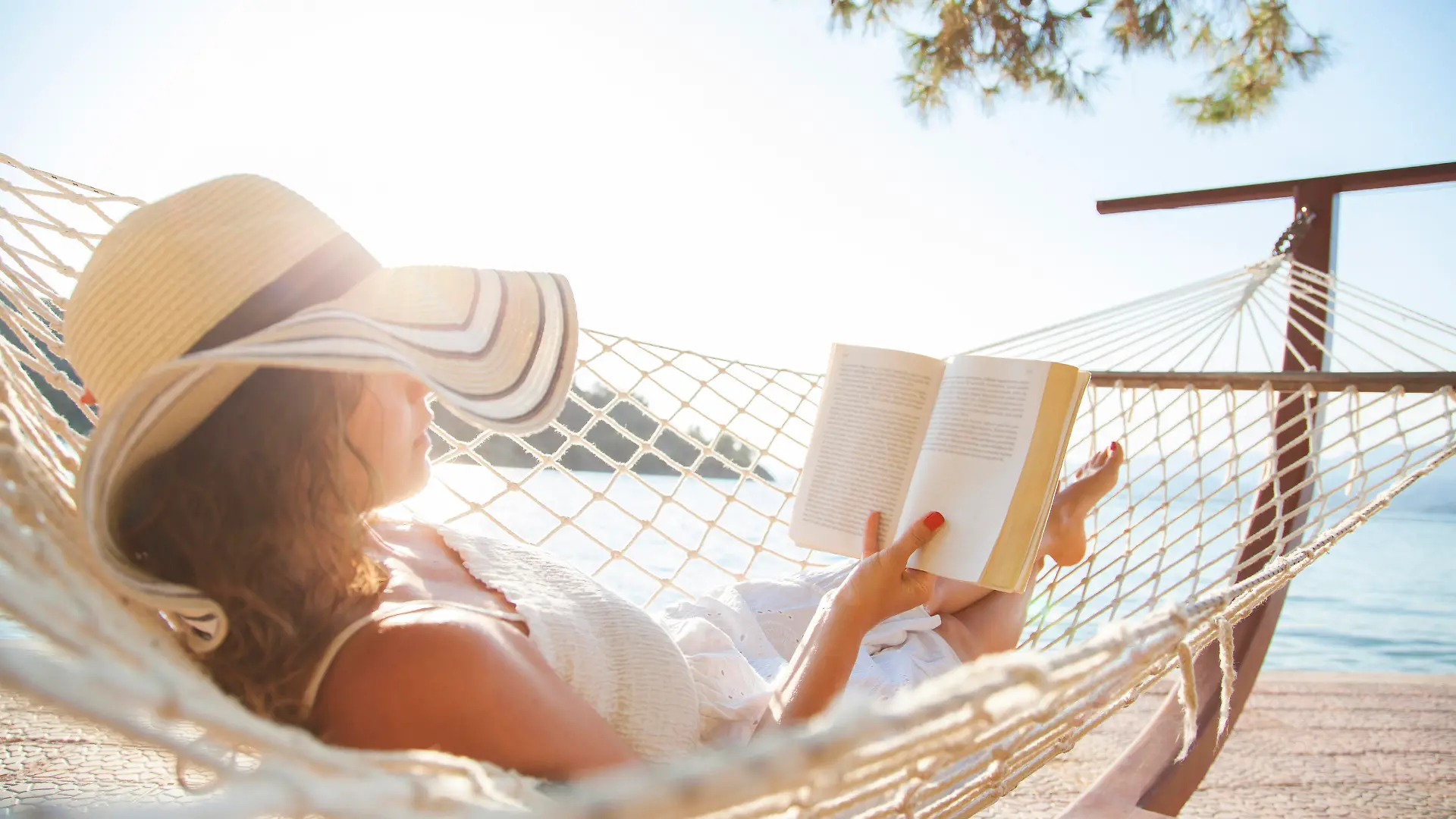 Woman in a hammock with book on summer day