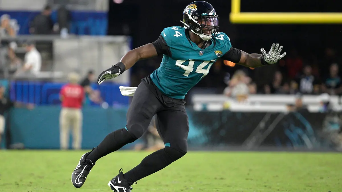 Jacksonville Jaguars linebacker Travon Walker (44) covers a play against the Pittsburgh Steelers during the first half of an NFL preseason football game, Saturday, Aug. 20, 2022, in Jacksonville, Fla. (AP Photo/Phelan M. Ebenhack)