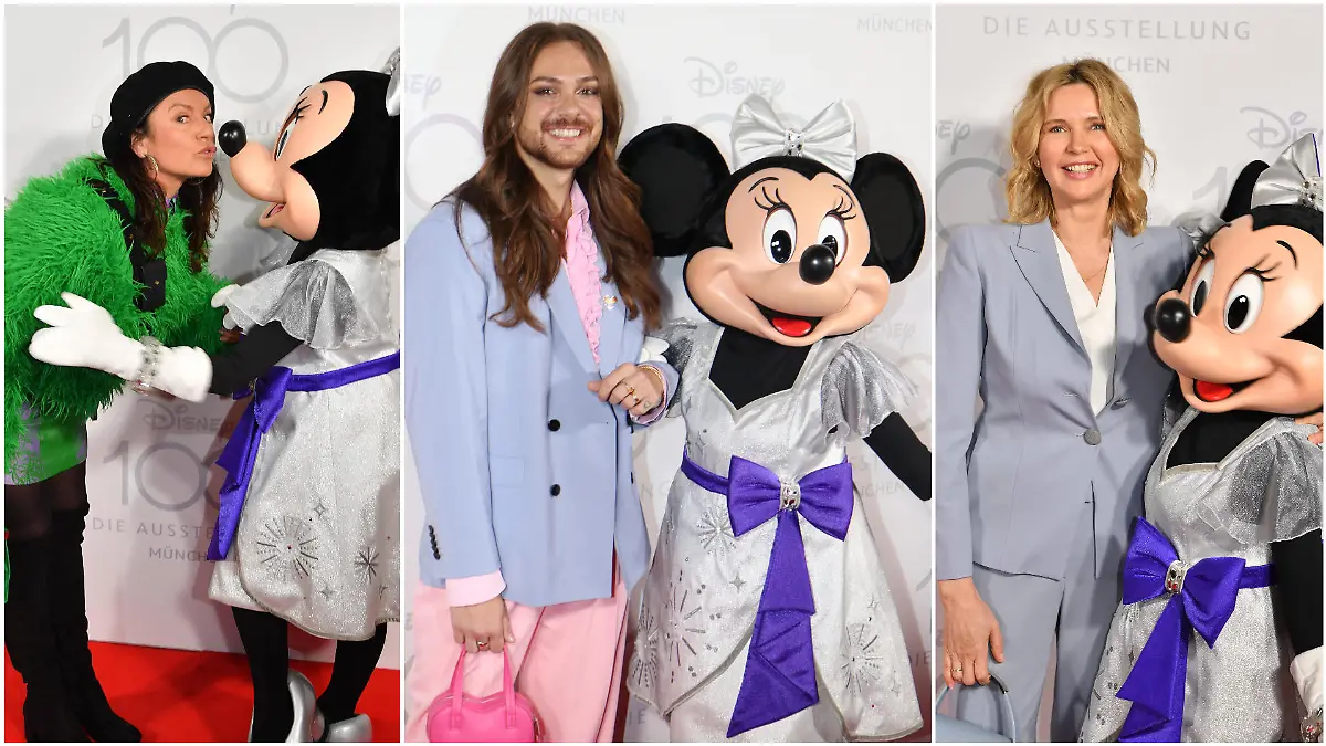 Christine Neubauer, Riccardo Simonetti und Veronica Ferres posieren mit Minnie Maus in München.
