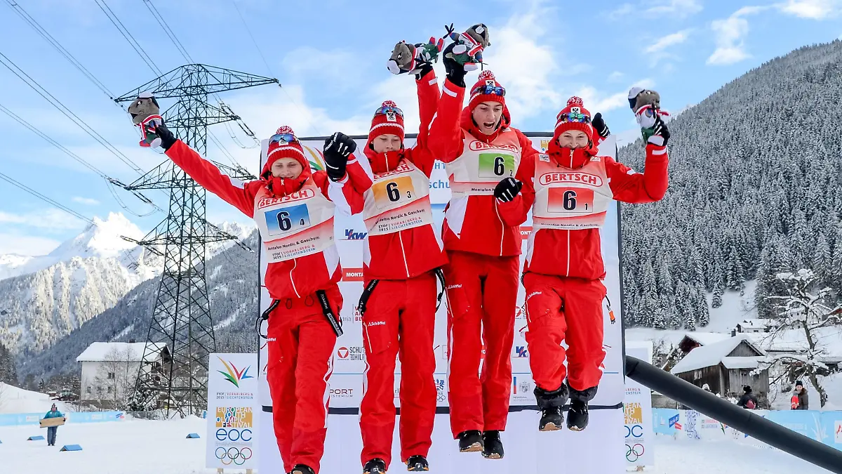 OLYMPICS - EYOF 2015 GASCHURN,AUSTRIA,28.JAN.15 - OLYMPICS, NORDIC SKIING, NORDIC COMBINED, CROSS COUNTRY - European Youth Olympic Festival 2015, relay, 4x5km, men. Image shows Mika Vermeulen, Samuel Mraz, Philipp Kuttin and Daniel Rieder (AUT). PUBLICATIONxINxGERxHUNxONLY
Olympics EYOF 2015 Austria 28 Jan 15 Olympics Nordic Skiing Nordic Combined Cross Country European Youth Olympic Festival 2015 Relay 4x5km Men Image Shows Mika Vermeulen Samuel Mraz Philipp Kuttin and Daniel Rieder AUT