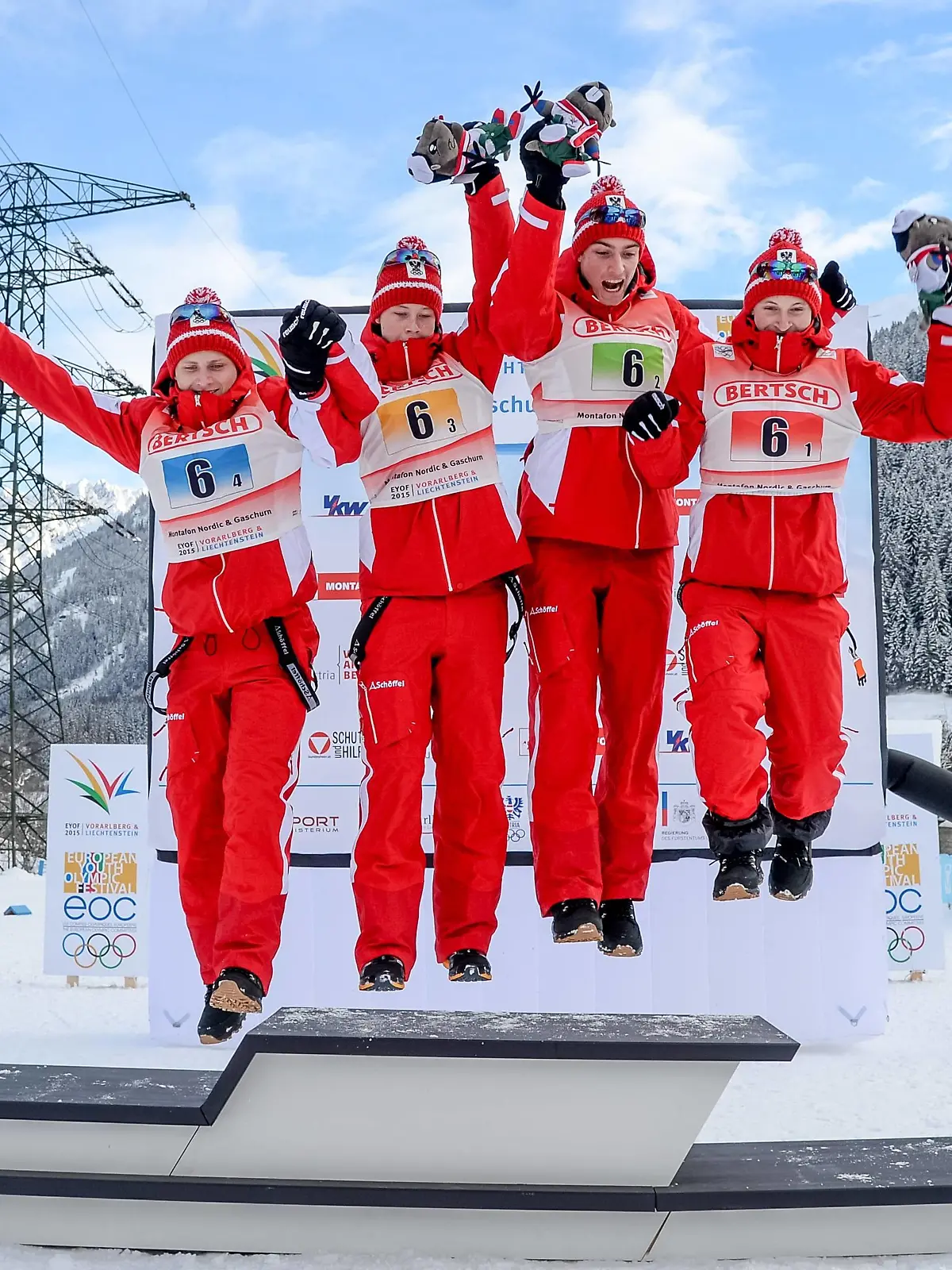 OLYMPICS - EYOF 2015 GASCHURN,AUSTRIA,28.JAN.15 - OLYMPICS, NORDIC SKIING, NORDIC COMBINED, CROSS COUNTRY - European Youth Olympic Festival 2015, relay, 4x5km, men. Image shows Mika Vermeulen, Samuel Mraz, Philipp Kuttin and Daniel Rieder (AUT). PUBLICATIONxINxGERxHUNxONLY

Olympics EYOF 2015  Austria 28 Jan 15 Olympics Nordic Skiing Nordic Combined Cross Country European Youth Olympic Festival 2015 Relay 4x5km Men Image Shows Mika Vermeulen Samuel Mraz Philipp Kuttin and Daniel Rieder AUT