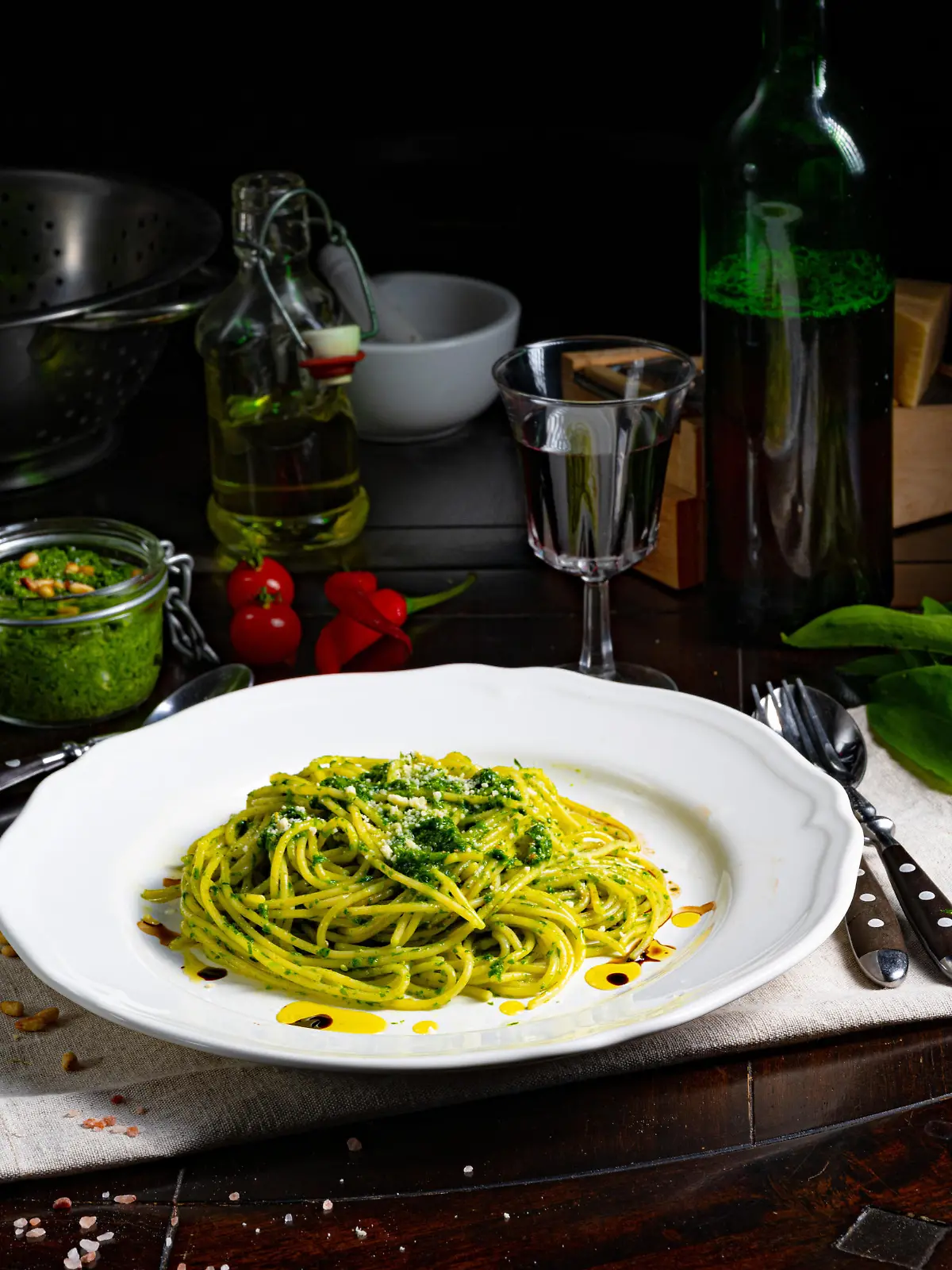 Pasta with wild garlic pesto and pine nuts