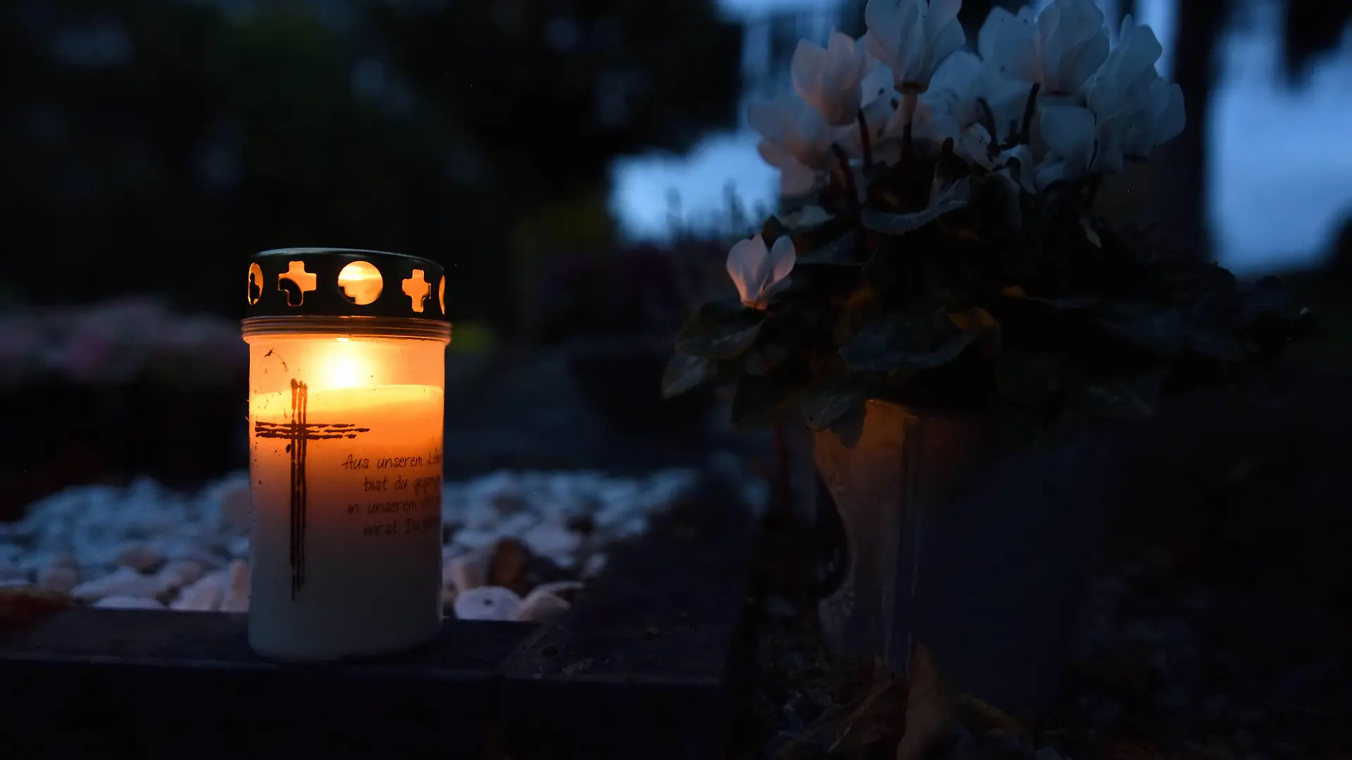 Grabkerze auf einem Grab eines kleinen Friedhofs. Auf dem Grablicht ist ein Kreuz und ein Spruch zu sehen. Rechts neben der Grableuchte steht eine Topfpflanze mit weißen Blüten. Grablicht auf einem Friedhof, Schwerte Nordrhein-Westfalen Deutschland *** Grave candle on a grave of a small cemetery A cross and a saying can be seen on the grave light To the right of the grave light stands a pot plant with white flowers Grave light on a cemetery, Schwerte Nordrhein Westfalen Germany