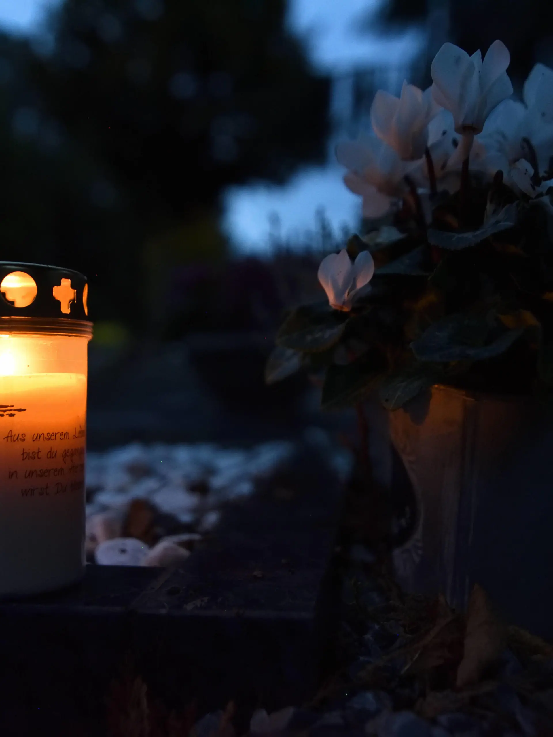 Grabkerze auf einem Grab eines kleinen Friedhofs. Auf dem Grablicht ist ein Kreuz und ein Spruch zu sehen. Rechts neben der Grableuchte steht eine Topfpflanze mit weißen Blüten. Grablicht auf einem Friedhof, Schwerte Nordrhein-Westfalen Deutschland *** Grave candle on a grave of a small cemetery A cross and a saying can be seen on the grave light To the right of the grave light stands a pot plant with white flowers Grave light on a cemetery, Schwerte Nordrhein Westfalen Germany