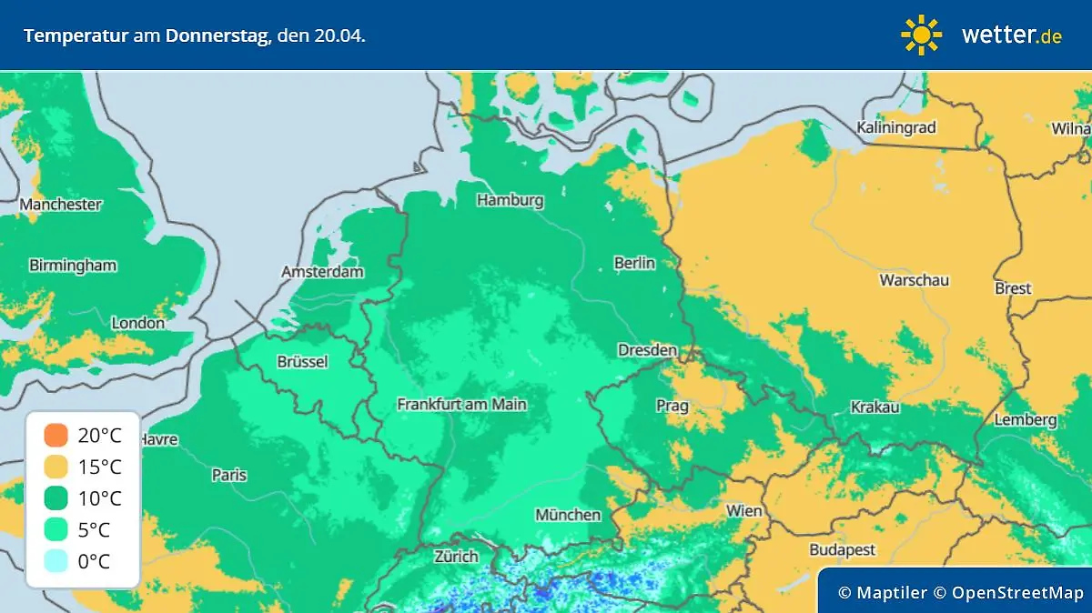 Die Grafik zeigt die Höchstwerte am Donnerstag, 20.04.2023