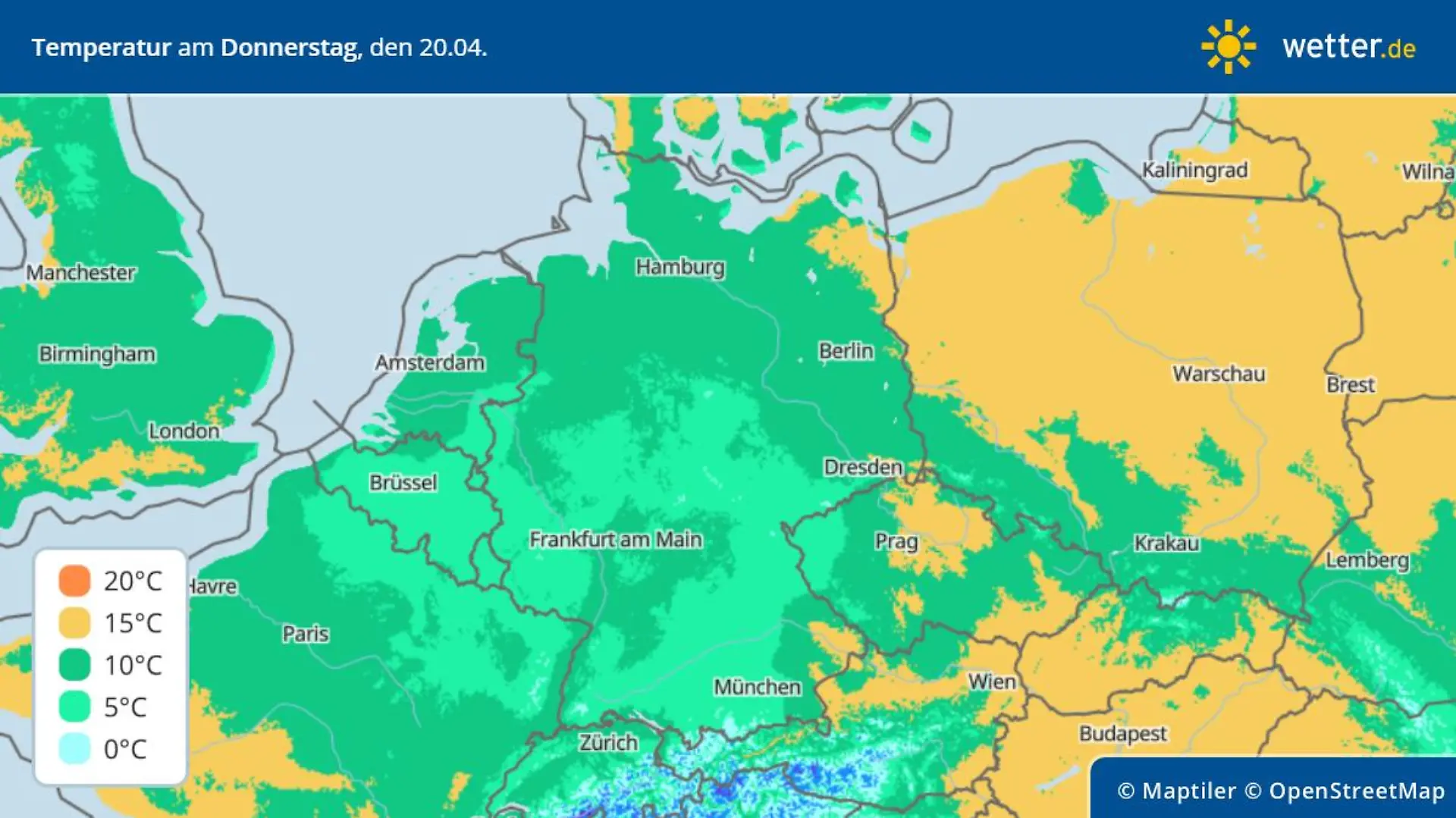 Die Grafik zeigt die Höchstwerte am Donnerstag, 20.04.2023