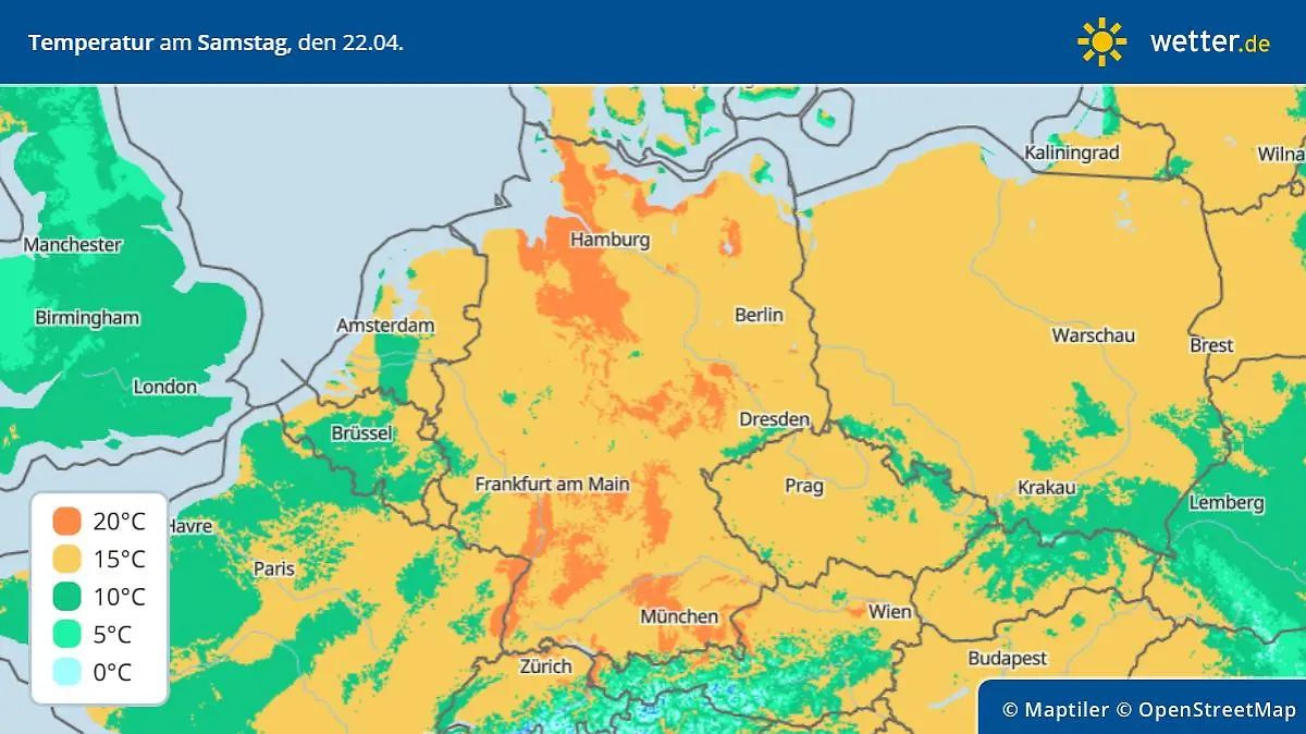 Die Grafik zeigt die Höchstwerte am Samstag, 22.04.2023