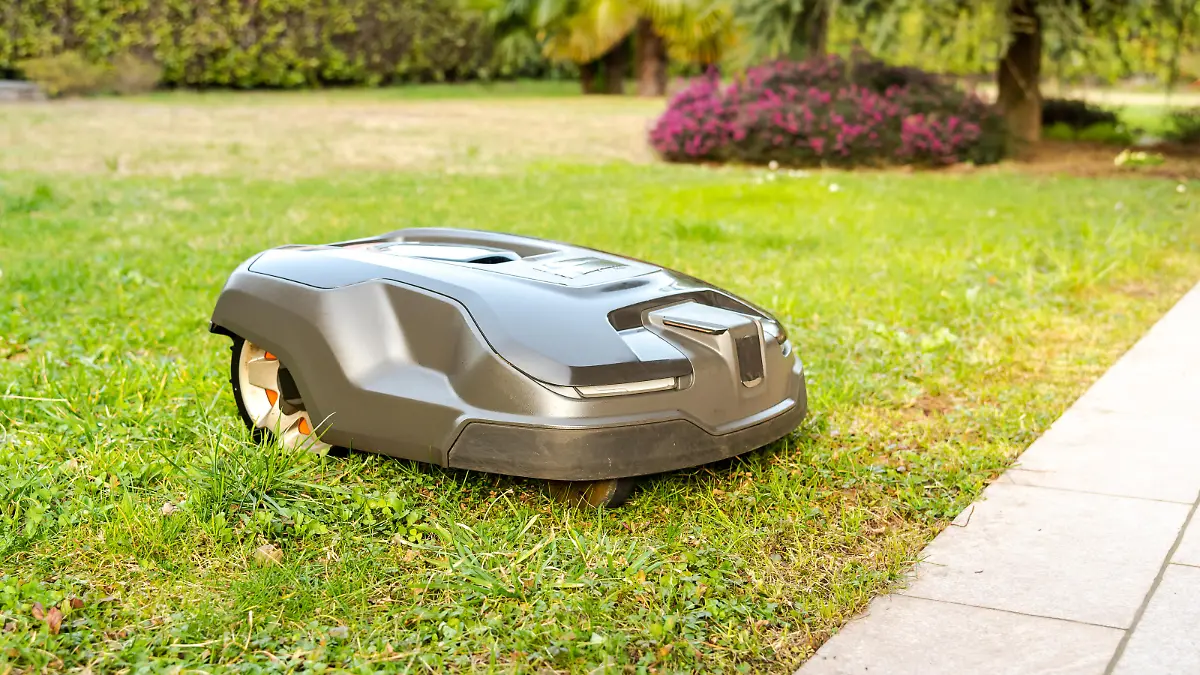 Robotic Lawn Mower cutting grass in the garden.