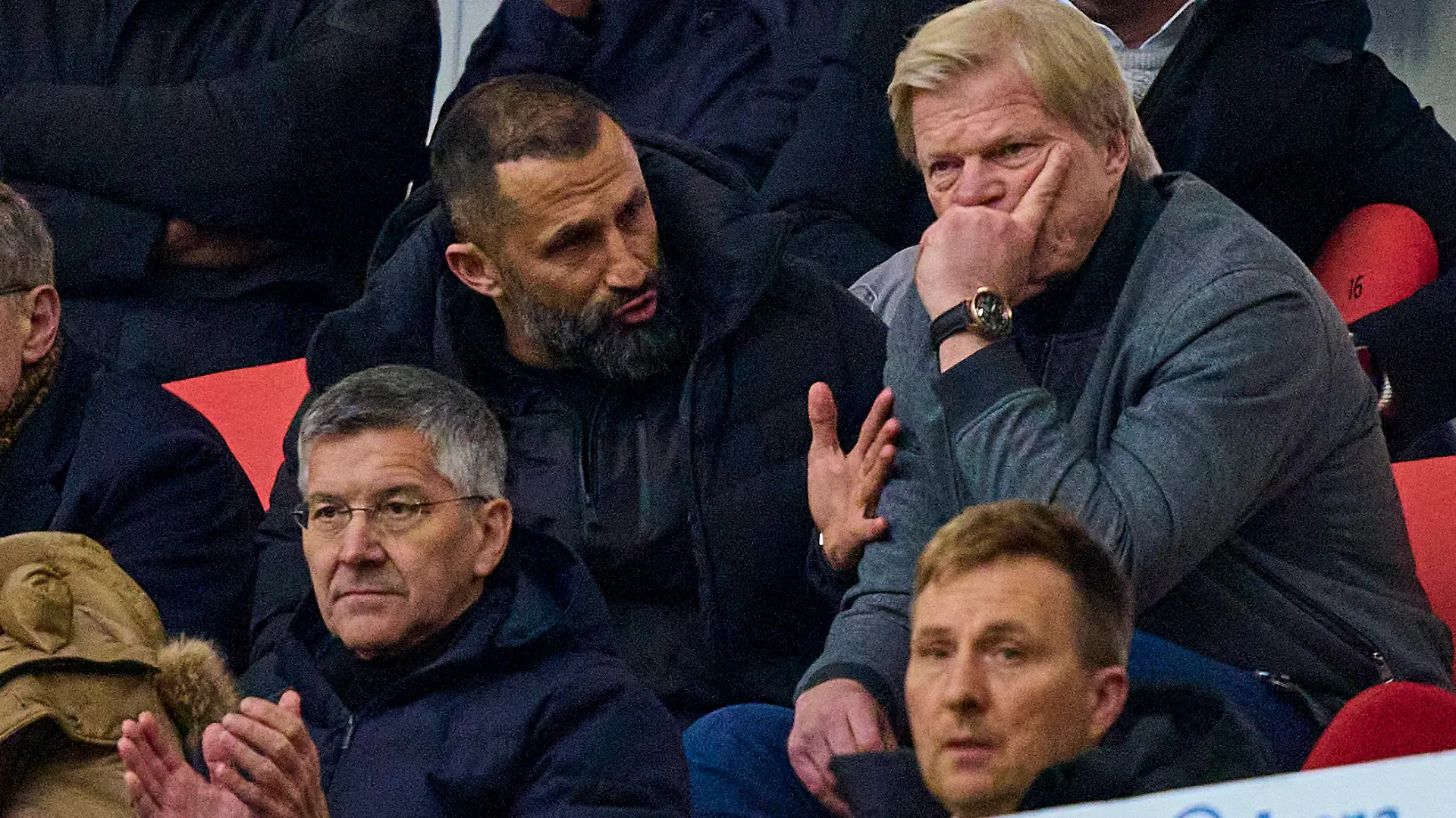 Hasan Brazzo Salihamidzic, FCB director Herbert HAINER, FCB president and Ex CEO Adidas Oliver KAHN, FCB CEO, Vorstandsvorsitzender der FC Bayern München AG, in the match FC BAYERN MUENCHEN - TSG 1899 HOFFENHEIM 1-1 1.German Football League on Apr 15, 2023 in Munich, Germany. Season 2022/2023, matchday 28, 1.Bundesliga, FCB, BVB, München, 28.Spieltag.