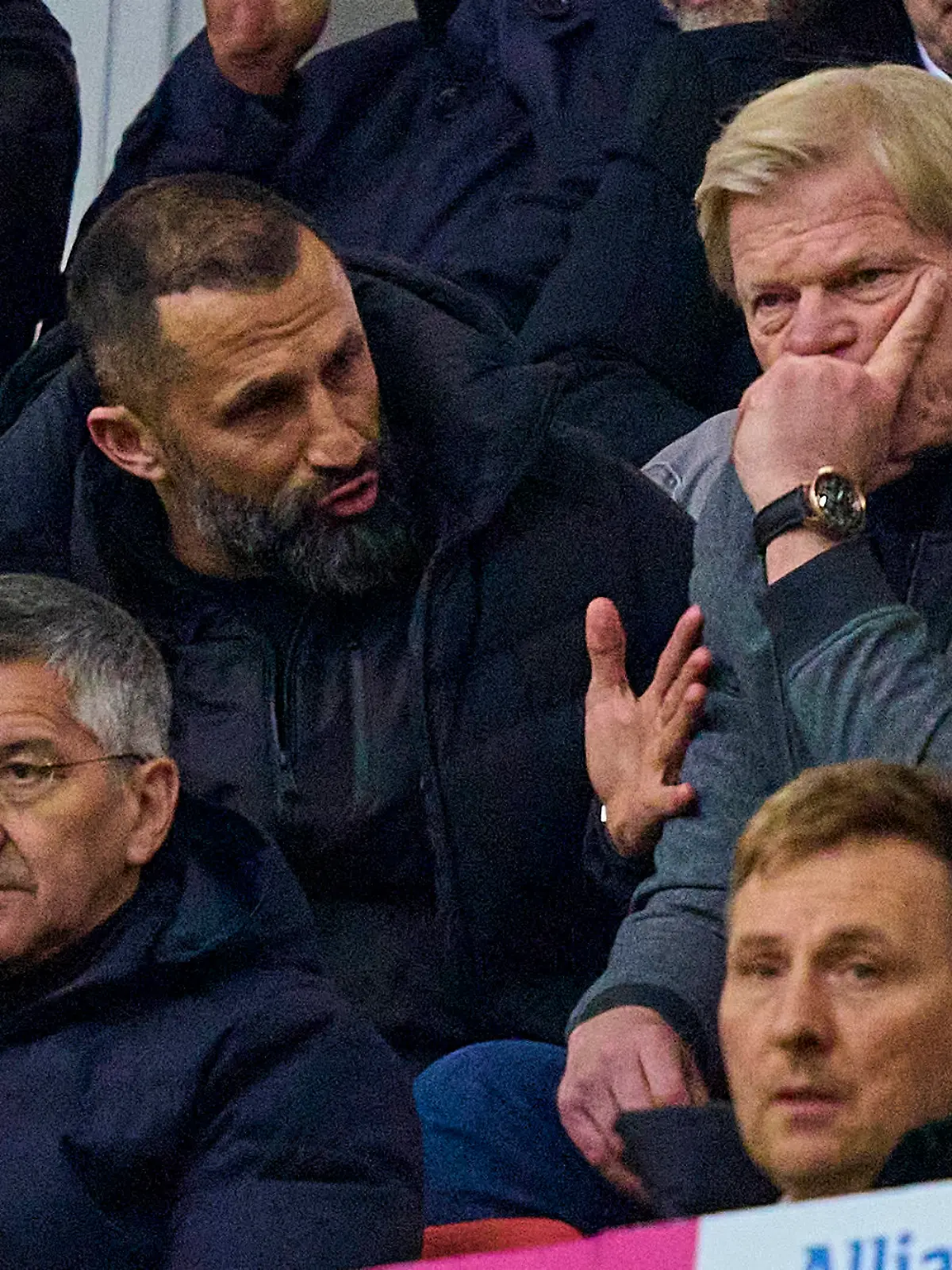Hasan  Brazzo  Salihamidzic, FCB director Herbert HAINER, FCB president and Ex CEO Adidas Oliver KAHN, FCB CEO, Vorstandsvorsitzender der FC Bayern München AG, in the match FC BAYERN MUENCHEN - TSG 1899 HOFFENHEIM 1-1 1.German Football League on Apr 15, 2023 in Munich, Germany. Season 2022/2023, matchday 28, 1.Bundesliga, FCB, BVB, München, 28.Spieltag.