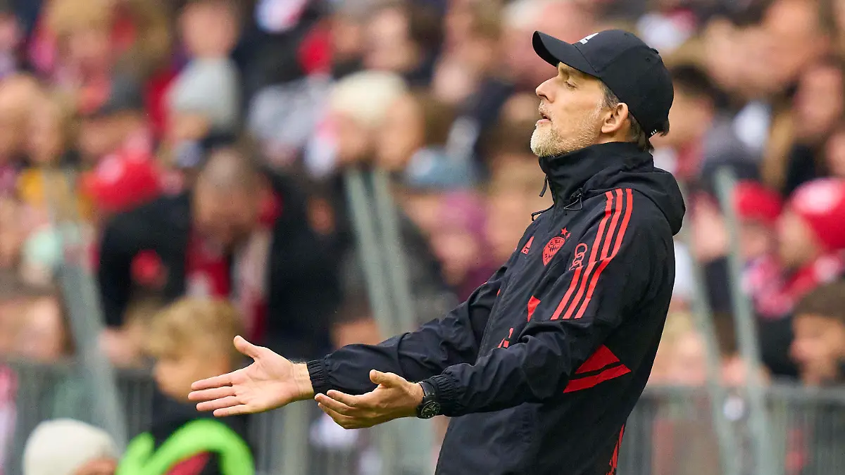 Trainer Thomas Tuchel FCB, team manager, headcoach, coach, geste in the match FC BAYERN MUENCHEN - TSG 1899 HOFFENHEIM 1.German Football League on Apr 15, 2023 in Munich, Germany. Season 2022/2023, matchday 28, 1.Bundesliga, FCB, BVB, München, 28.Spieltag.