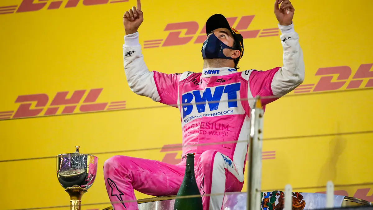 PEREZ Sergio mex, Racing Point F1 RP20 celebrates his first win in F1 during the Formula 1 Rolex Sakhir Grand Prix 2020, from December 4 to 6, 2020 on the Bahrain International Circuit, in Sakhir, Bahrain FORMULE 1 : Grand Prix de Sakhir - 06/12/20202 DPPI/PANORAMIC PUBLICATIONxNOTxINxFRAxITAxBEL 00120035__GDN1388