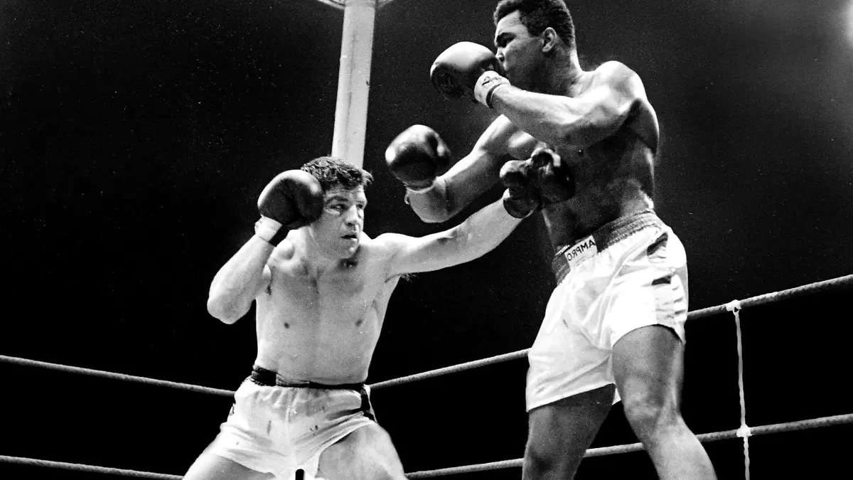 WM Kampf im Schwergewicht: Karl Mildenberger (li.) gegen Cassius Clay am 10.9.1966 in Frankfurt/Main. HM

World Cup Fight in Heavy weight Karl Mildenberger left against Cassius Clay at 10 9 1966 in Frankfurt Main HM  