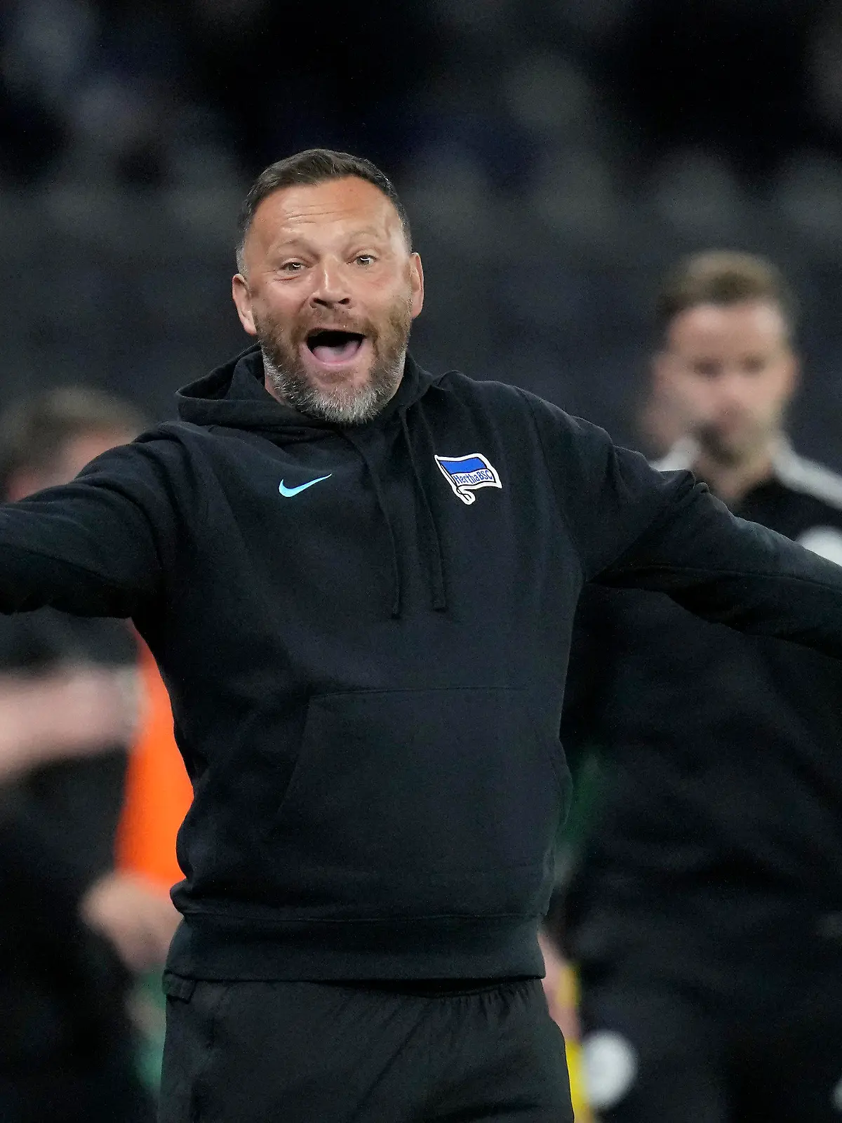 FILE - Berlin's head coach Pal Dardai shouts during the German Bundesliga soccer match between Hertha BSC Berlin and SpVgg Greuther Fuerth in Berlin, Germany, Friday, Sept. 17, 2021. Hertha Berlin is bringing Pal Dardai back for a third stint as coach after firing Sandro Schwarz on Sunday in a bid to escape relegation. The Bundesliga club said the 47-year-old Dardai will take over for the rest of season.    (AP Photo/Michael Sohn, File)
