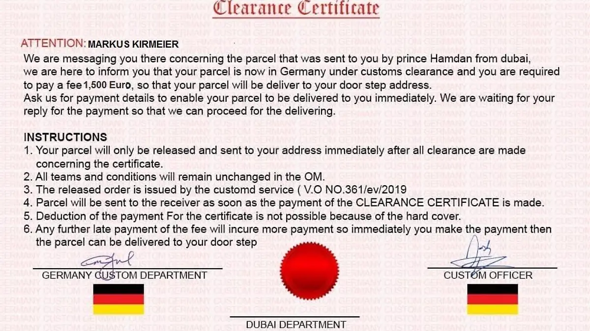 Angebliches Zoll-Zertifikat mit der Aufforderung 1.500€ zu bezahlen, um das Paket zu erhalten.
